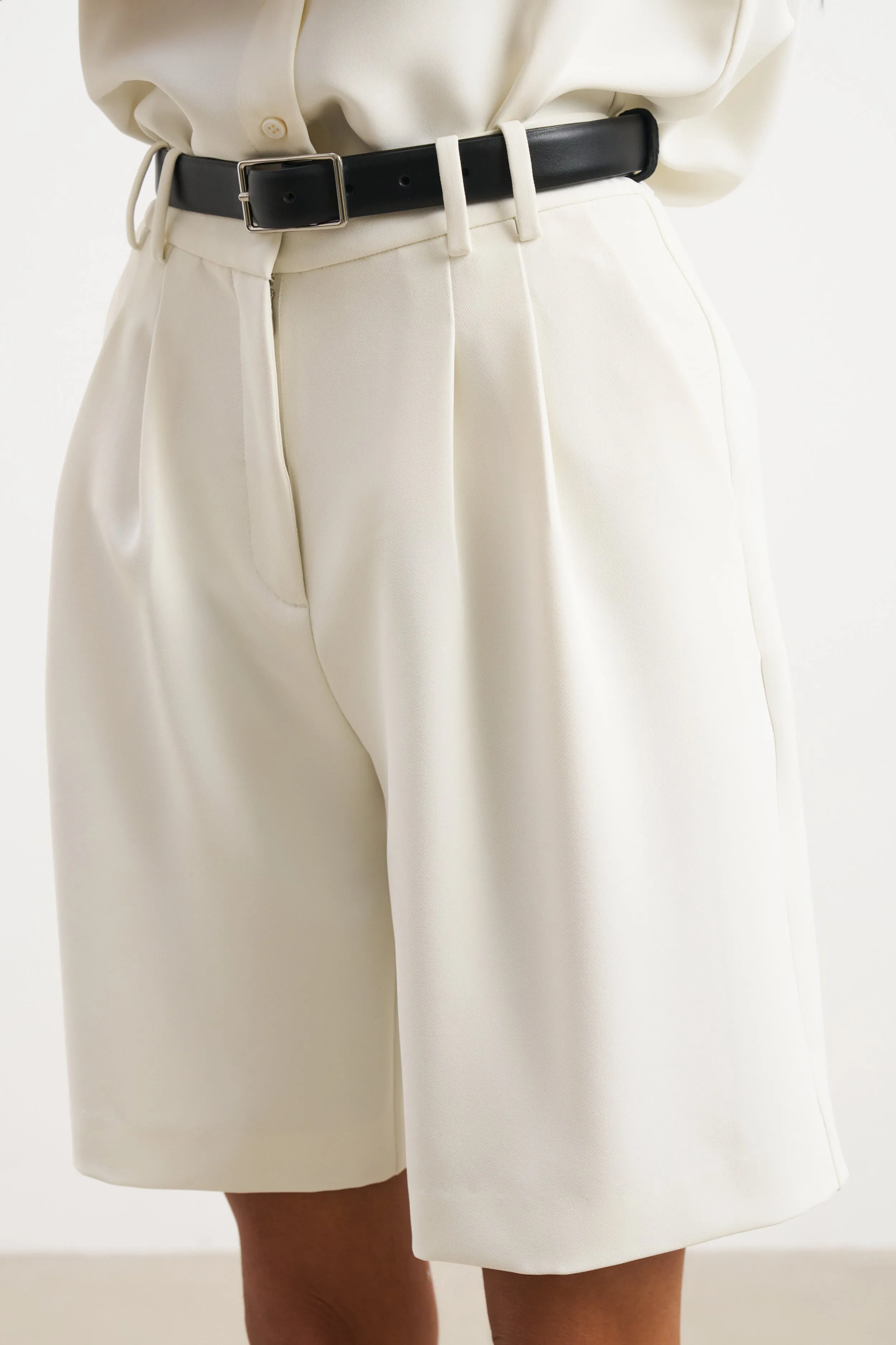 Effortless Pleated Longline Shorts - White RecycledPolyester