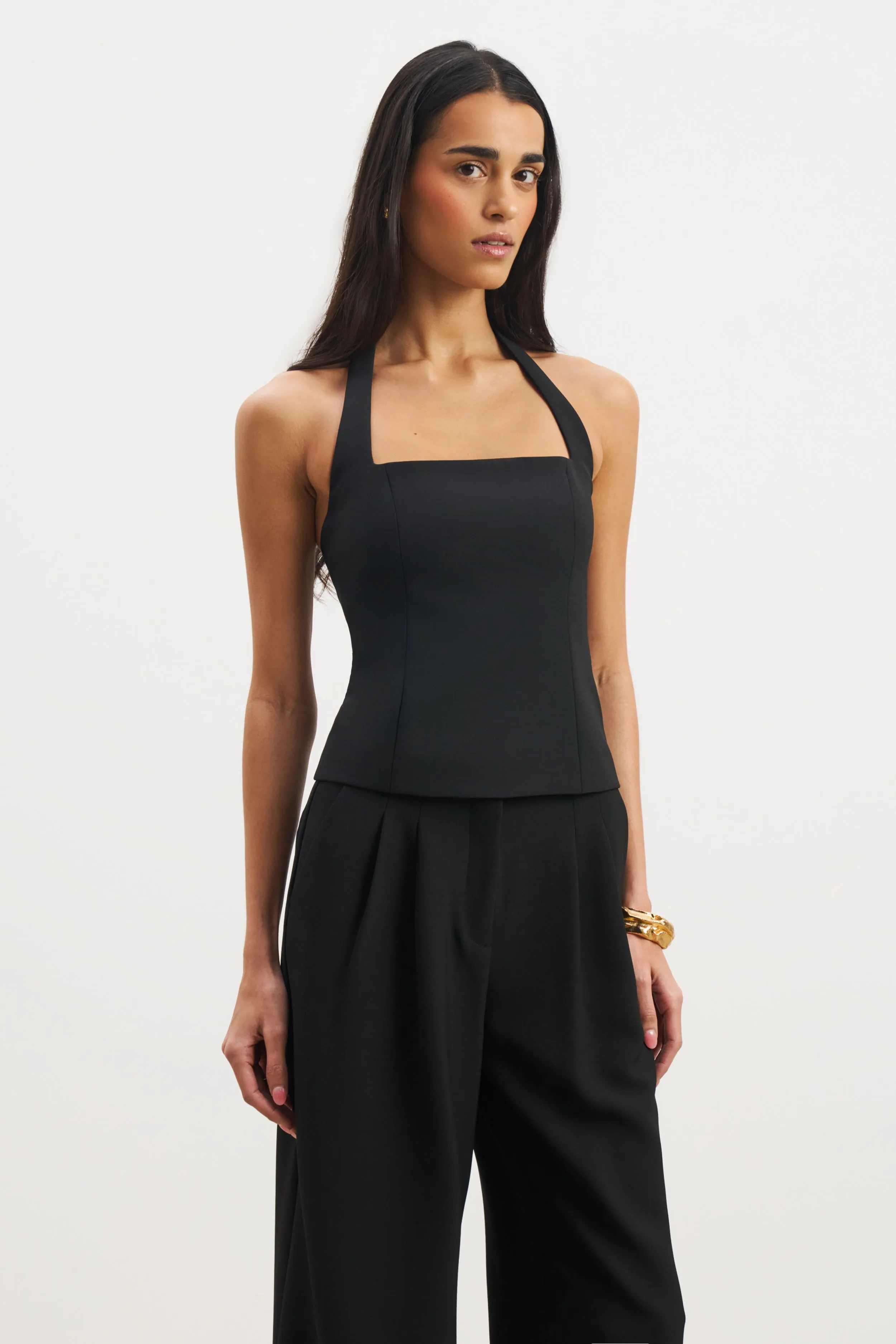 Effortless Tailored Halter Bodice Top - Black WrinkleFree Structure Flatlock stitching