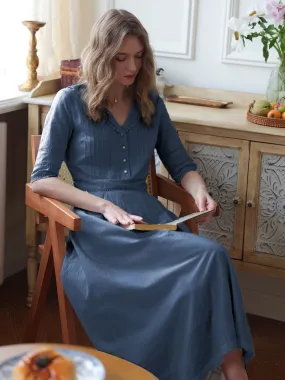 Fiona 100% Cotton Demin Blue Midi Dress Cotton-Blend