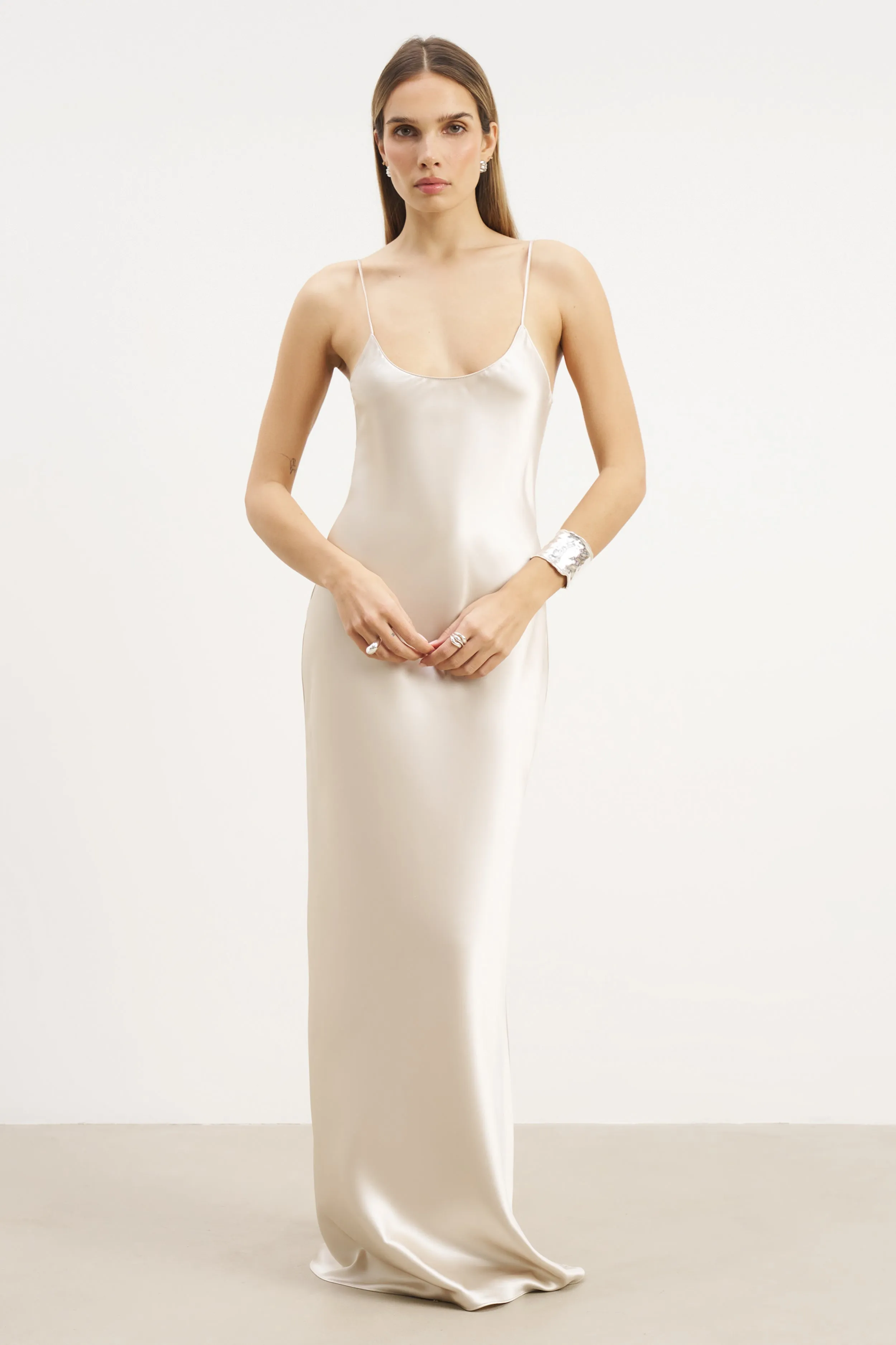 Luxury-Fabric Calm Energy Satin Scoop Neck Camisole Maxi Dress - Champagne