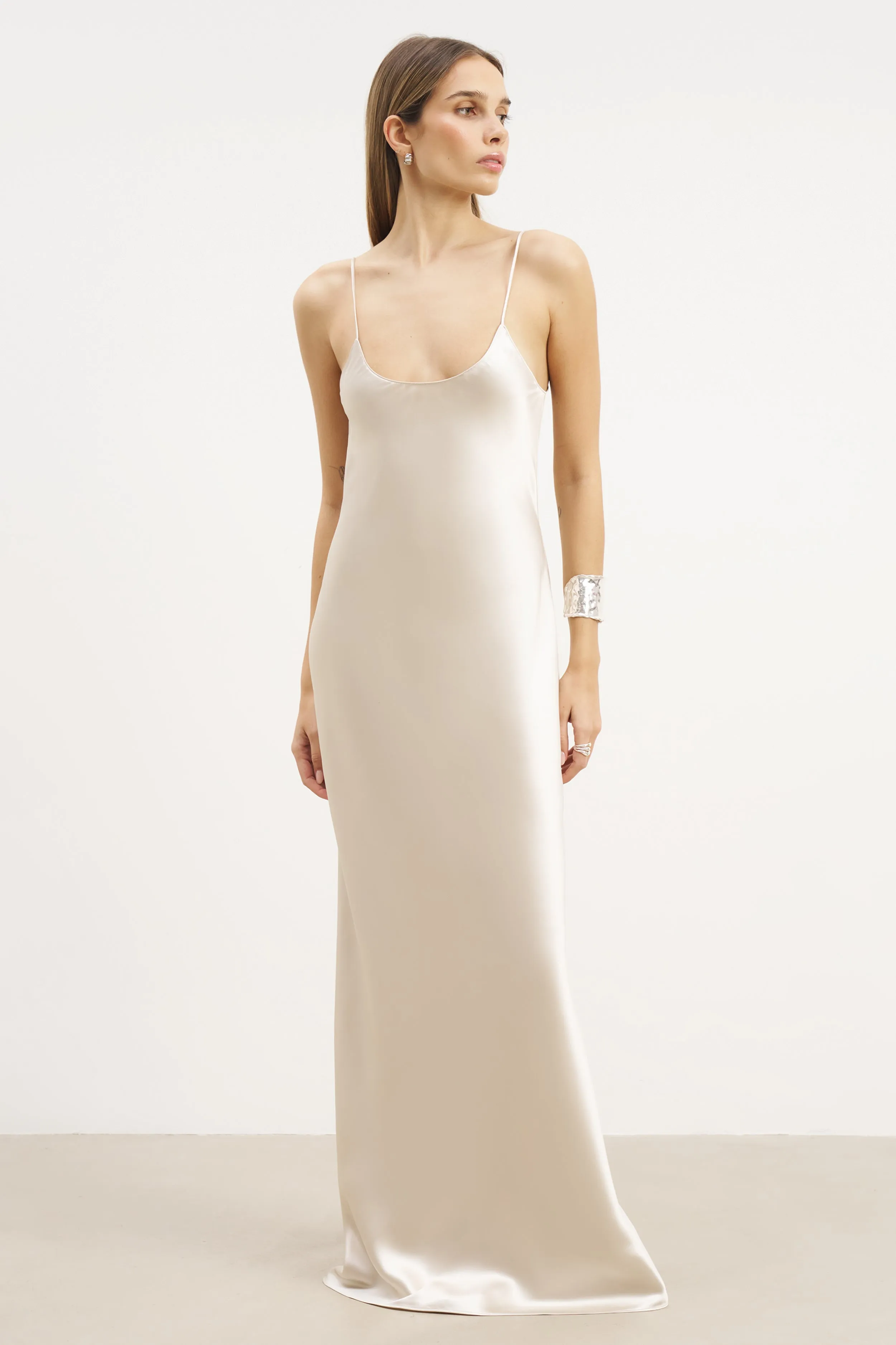Satin Scoop Neck Camisole Maxi Dress - Champagne Fashion-Forward Fit