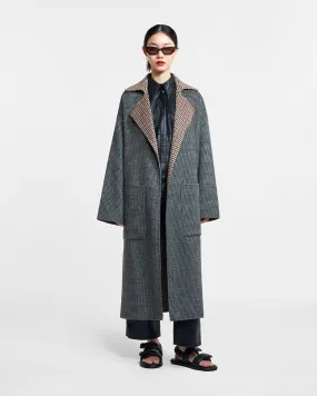 Alamo - Wool Silk Blend Robe Coat - Reversible Check Cold Weather