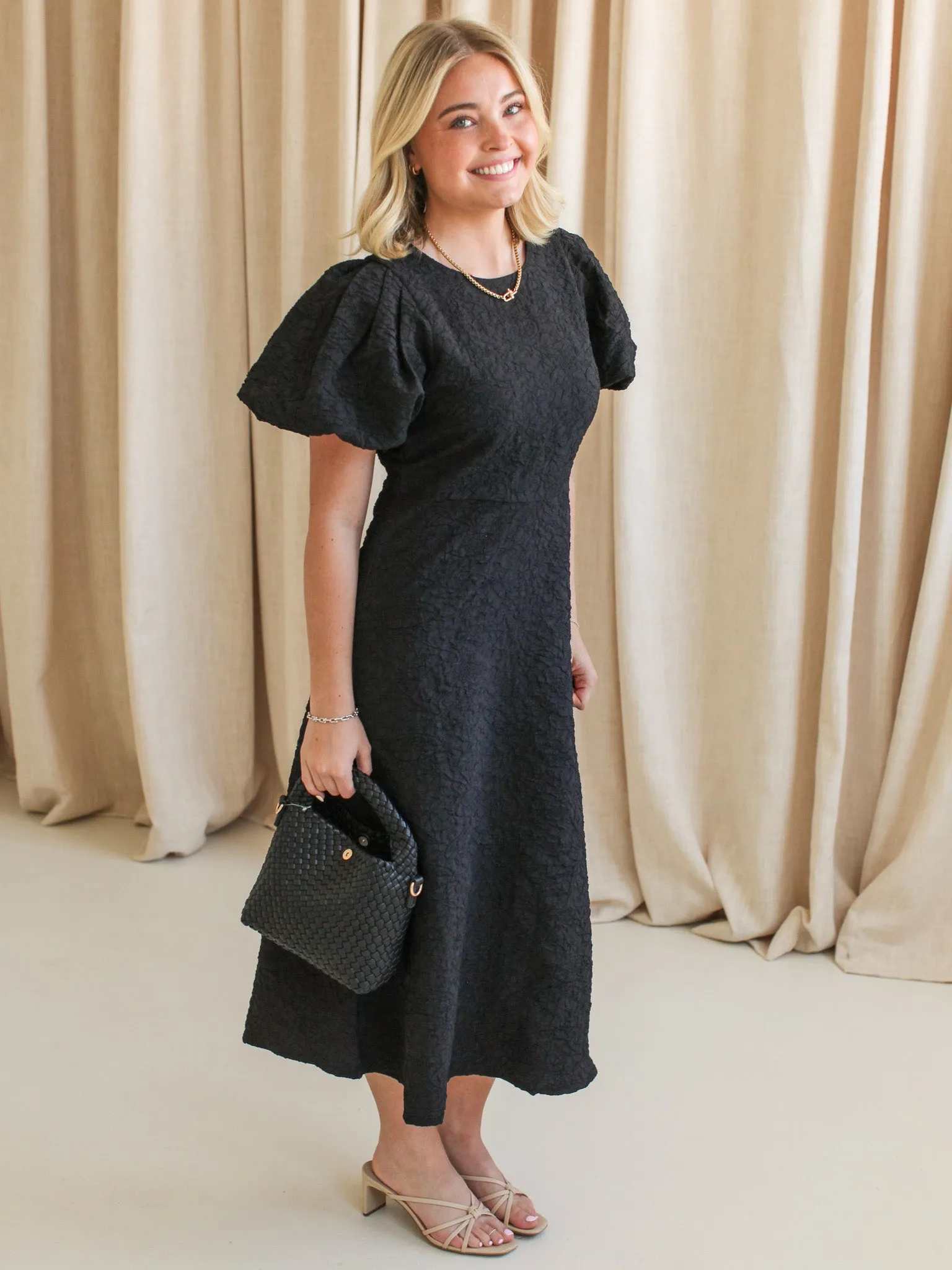 Bride Side Mood Casual Ella Jacquard Midi Dress- Black