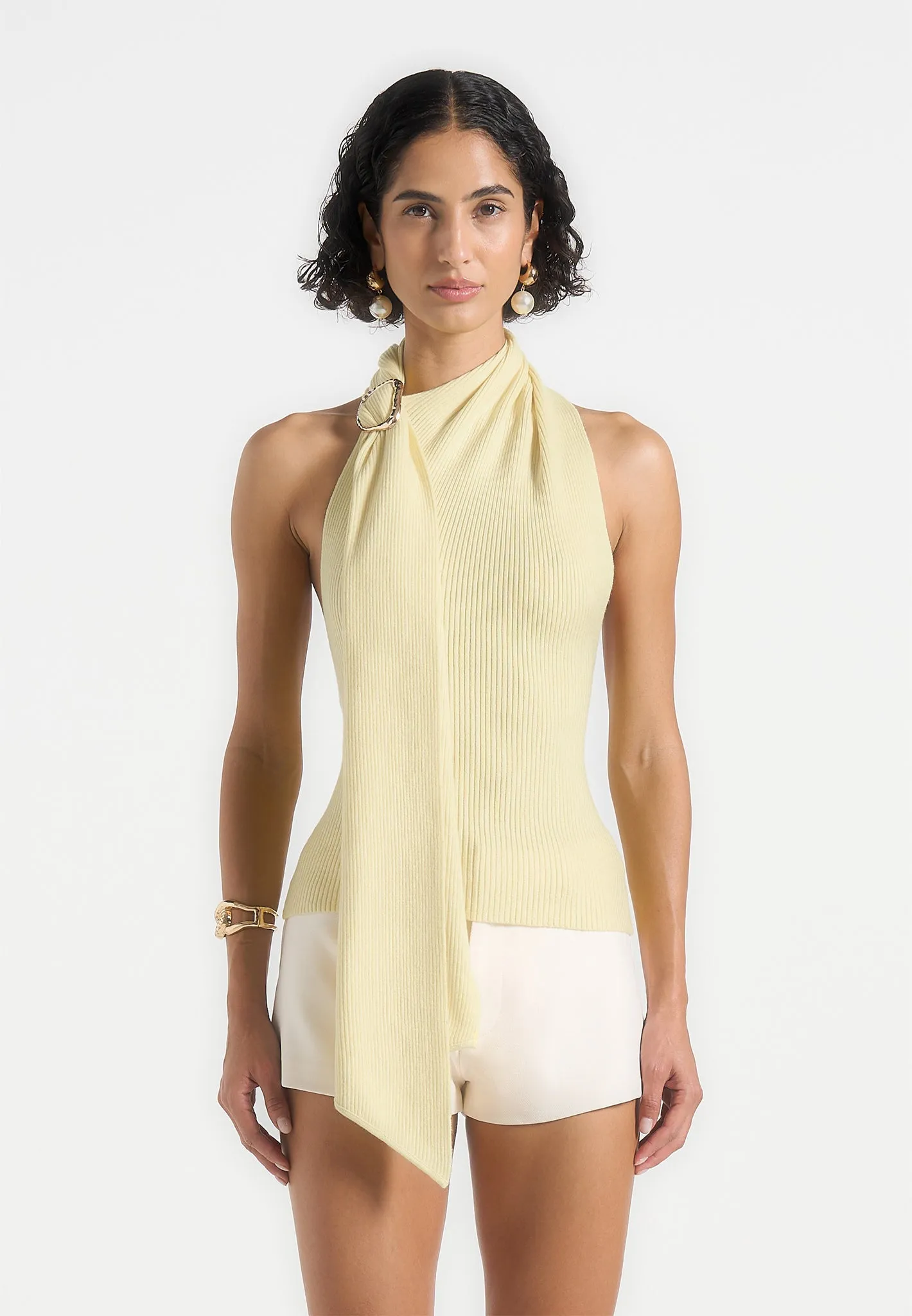 Elodie - Knitted Draped Halterneck Top - Pale Yellow Bold Style Classic Chic