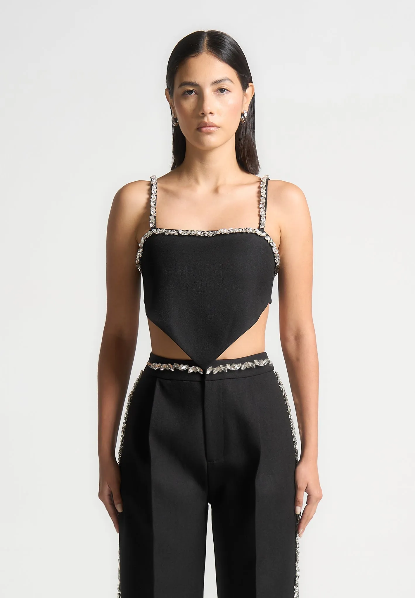 Eloise - Embellished Strap Handkerchief Top - Black Comfy Layering