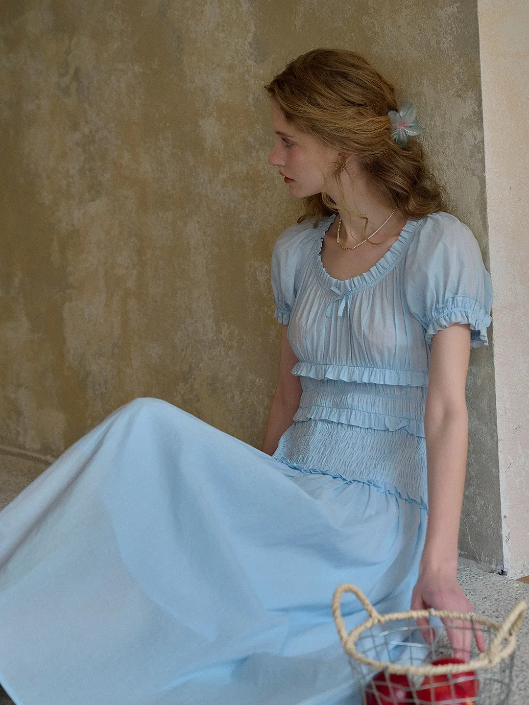 Elowen Round Neck Pleated 100% Cotton Dress Perfectly Styled Lace Detail