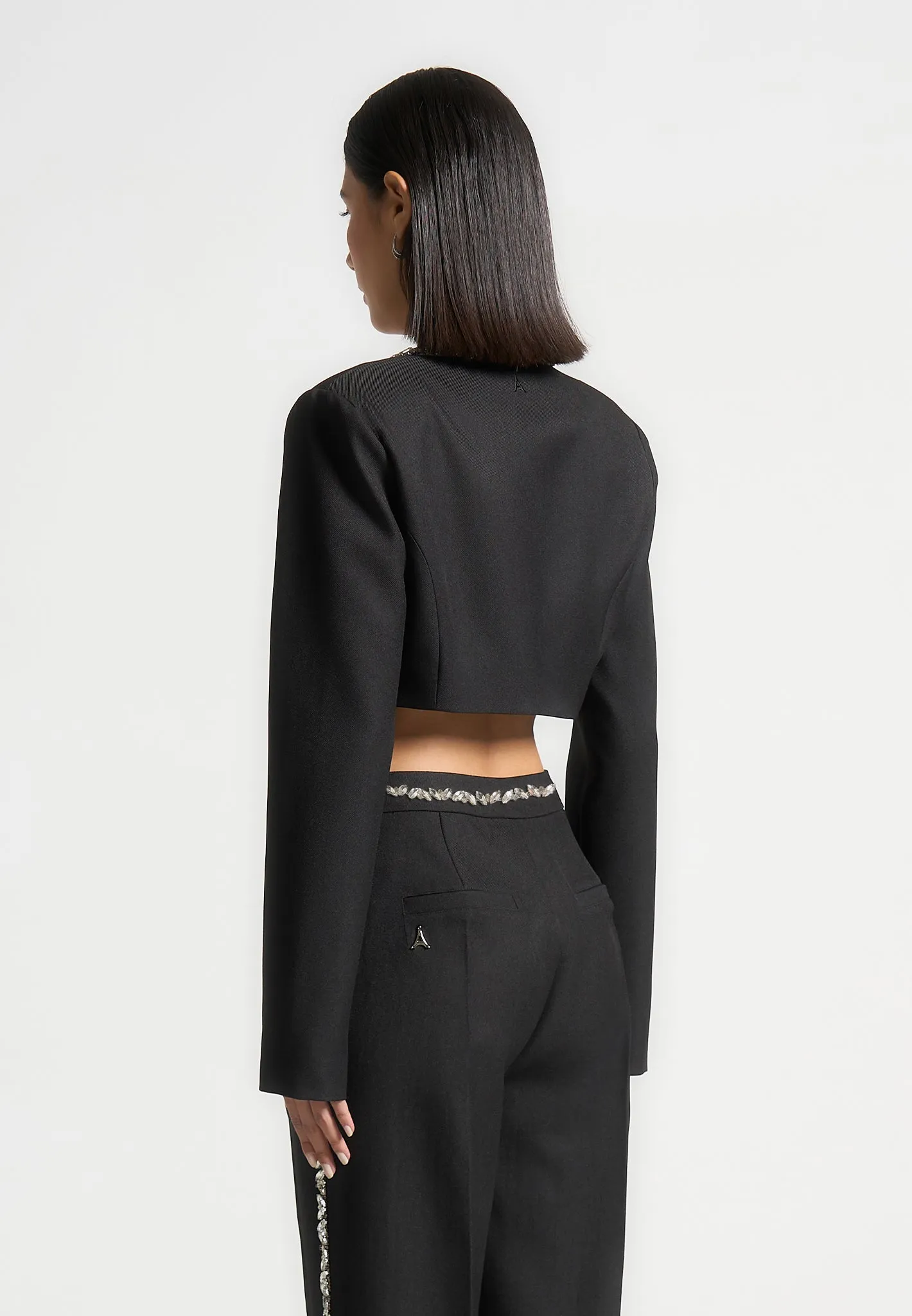 Perfectly Tailored Clean Lines Embellished Cropped Blazer - Black