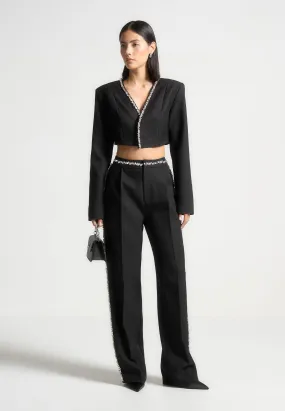 Embellished Cropped Blazer - Black Chic Style Workday Essential