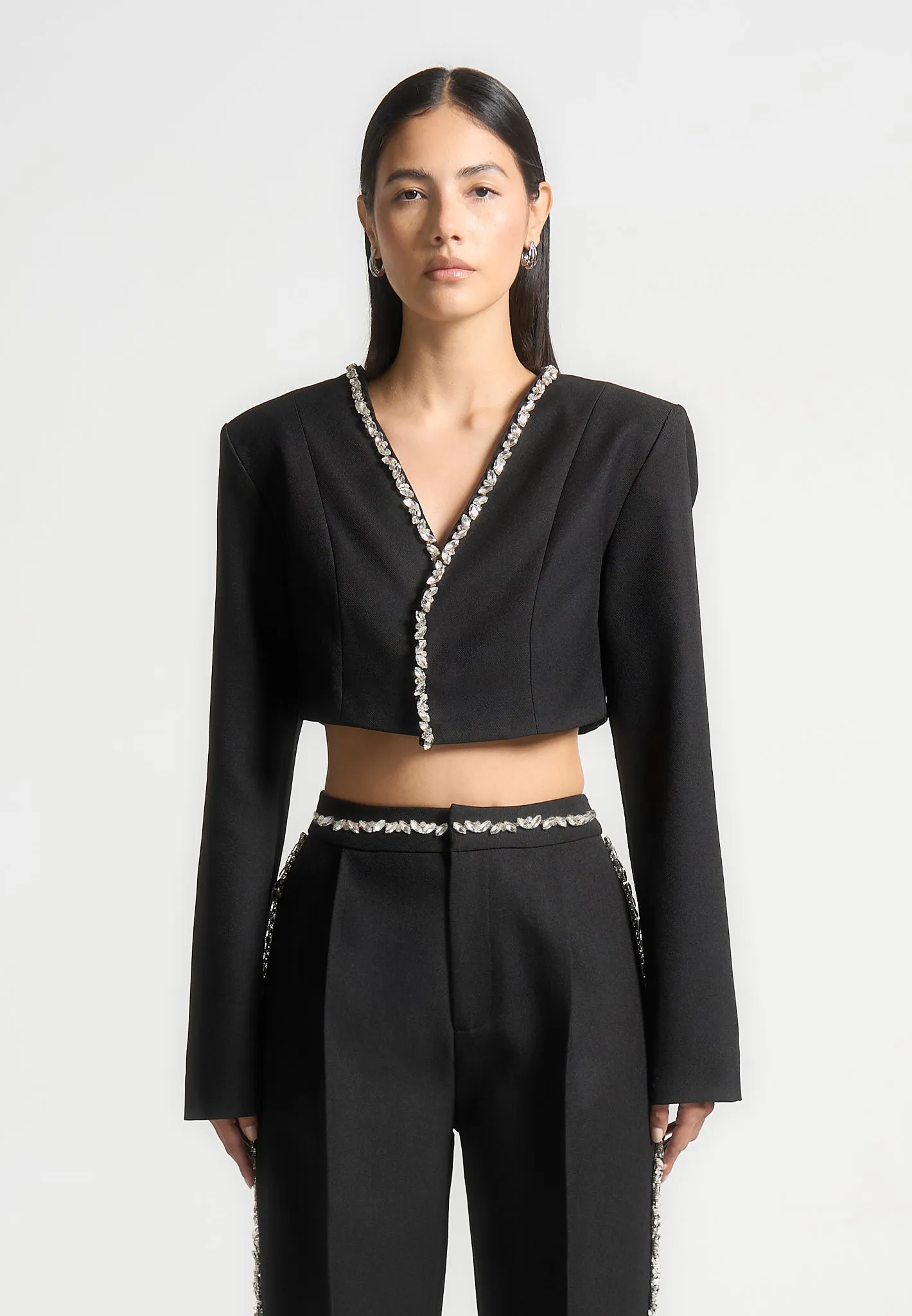 Embellished Cropped Blazer - Black Fashionable Look