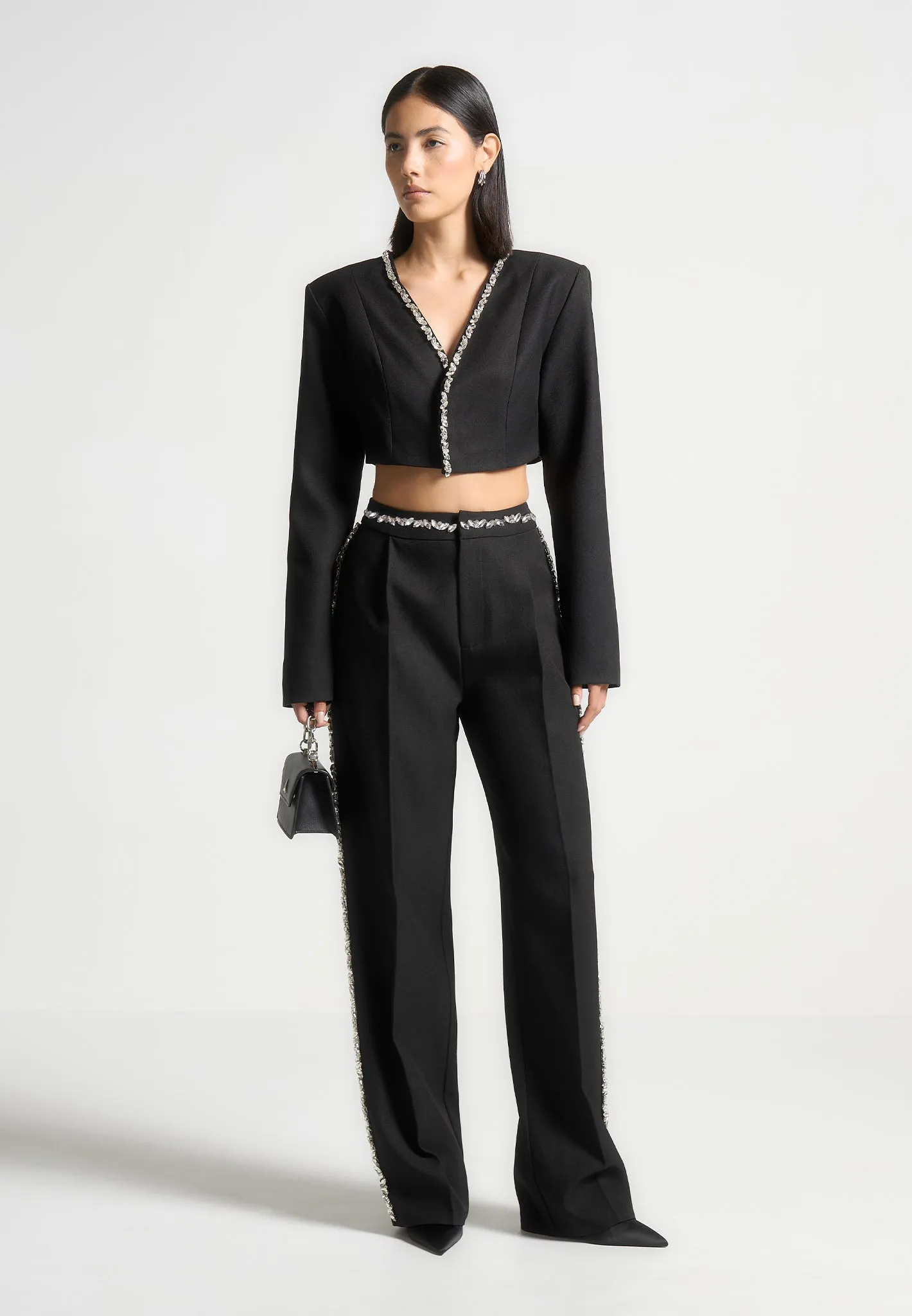 Embellished Cropped Blazer - Black Chic Style Workday Essential