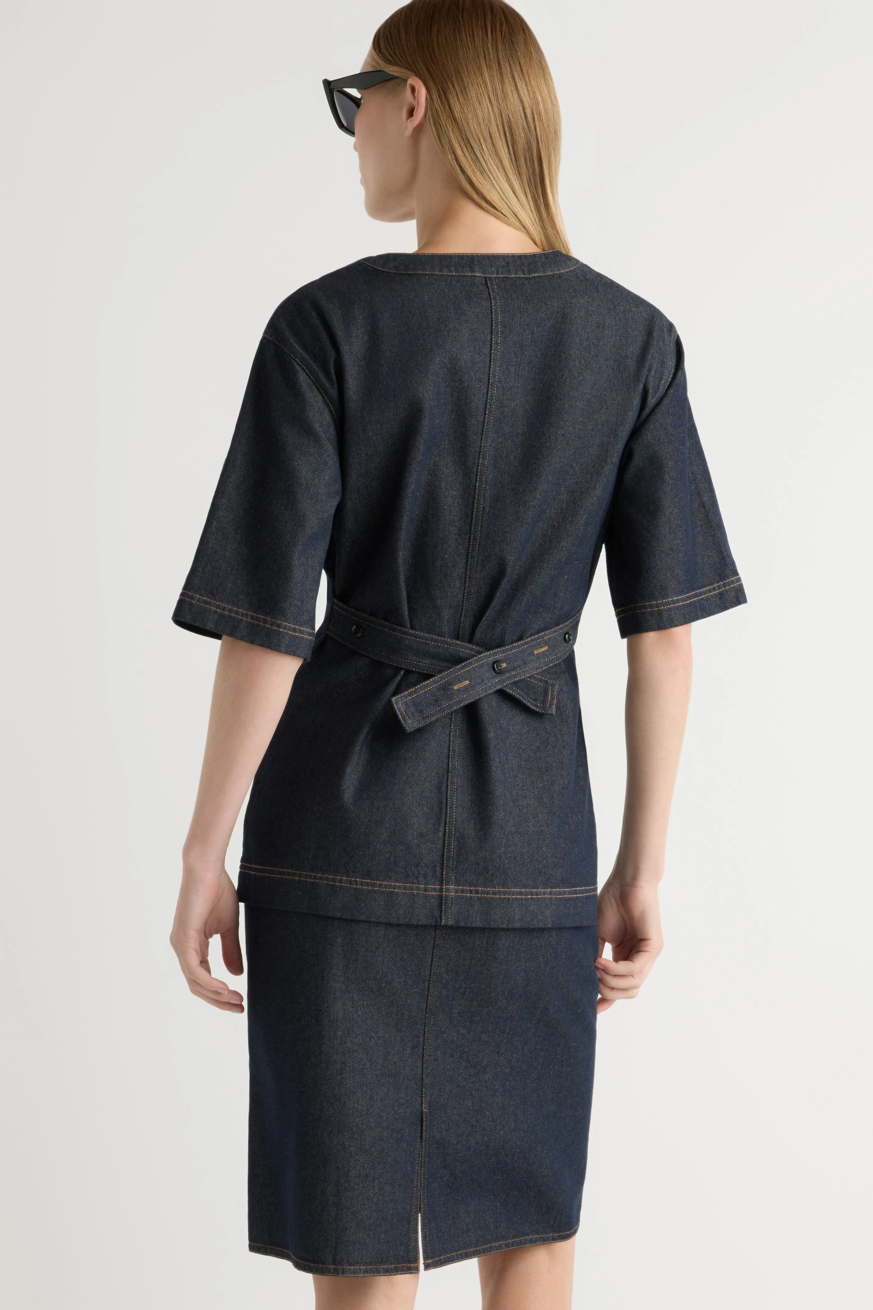 Emma Cinch-Waist Denim Shacket Bamboo Fiber Fabric AllDaySoftness