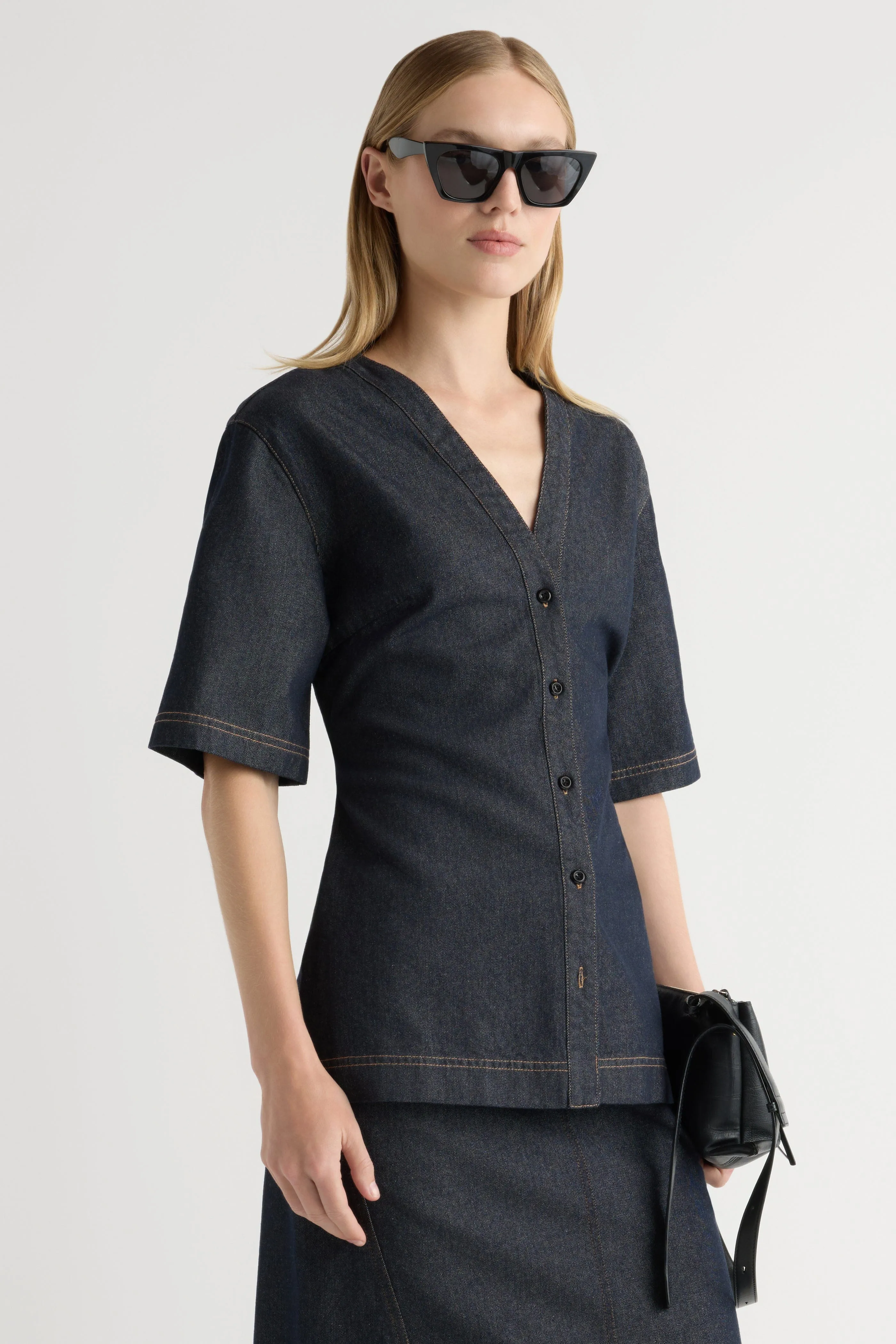 Emma Cinch-Waist Denim Shacket Relaxed Top AntiStaticFabric