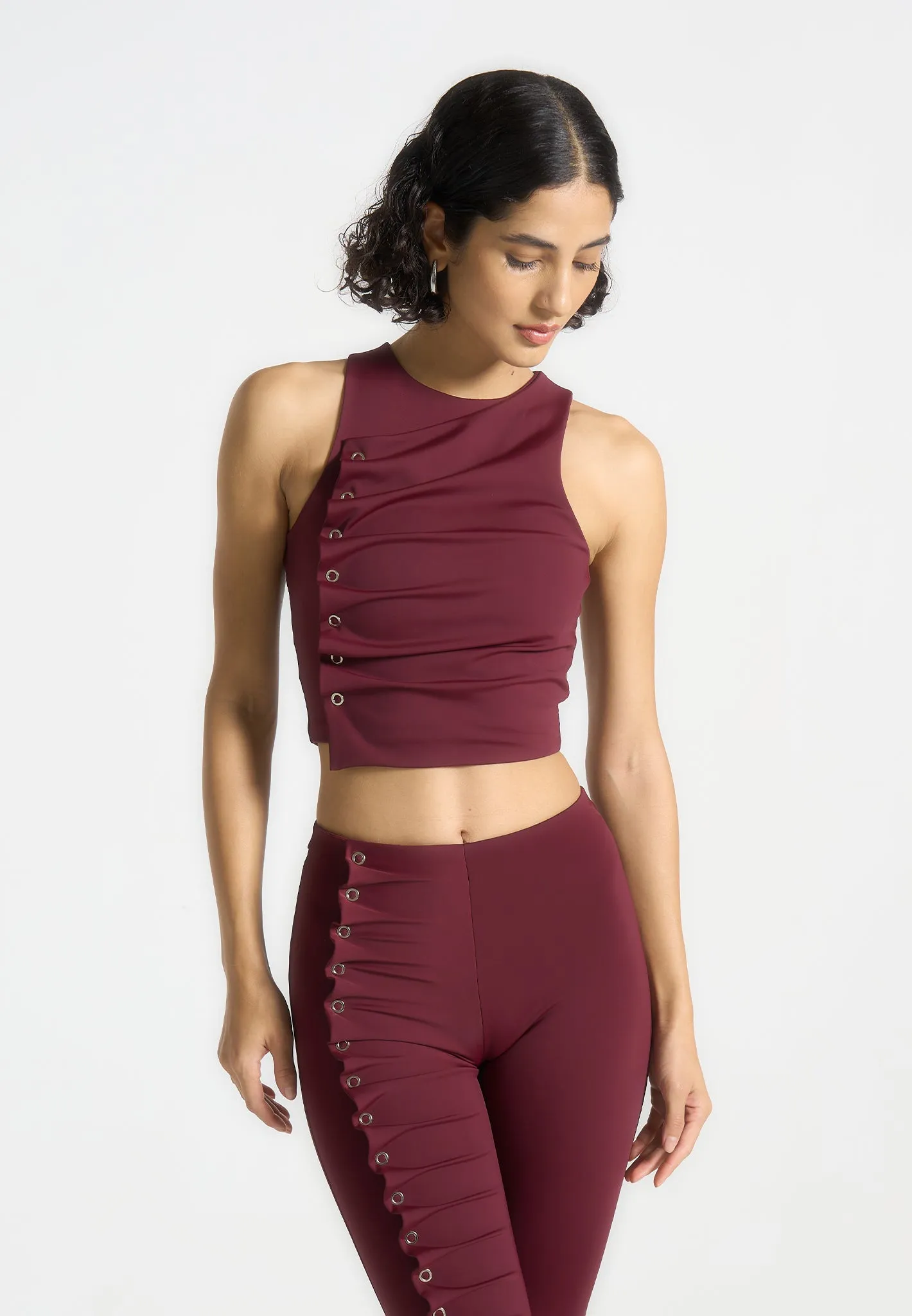 Eyelet Detail Tacked Racer Top  - Wine Red Effortless Comfort