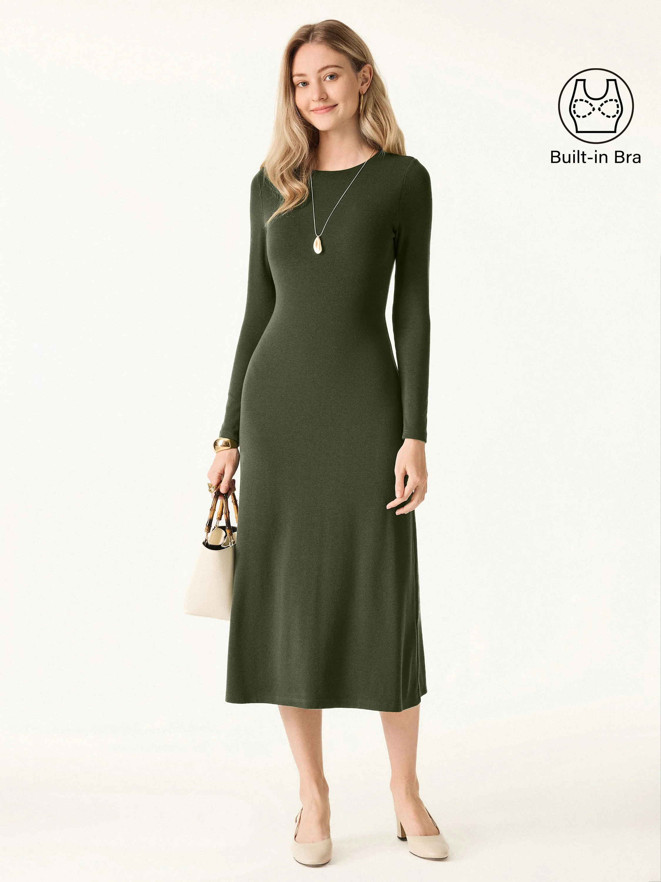 Comfortable travel dress Casual Wear Essential Round Neck Long Sleeve Midi Brami Dress