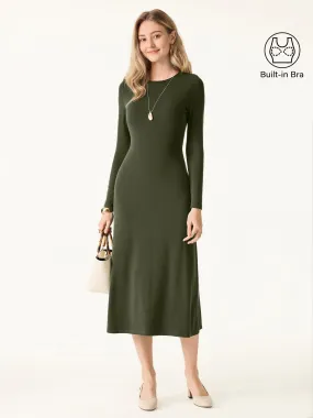 Comfortable travel dress Casual Wear Essential Round Neck Long Sleeve Midi Brami Dress