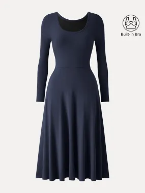 Essential Scoop Neck Long Sleeve Midi Brami Dress with Pockets Bare Arm Aura Glow