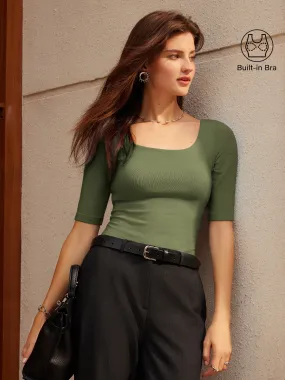 Essential Square Neck Elbow Length Sleeve Brami Minimalist Detailing AdjustableCuffs