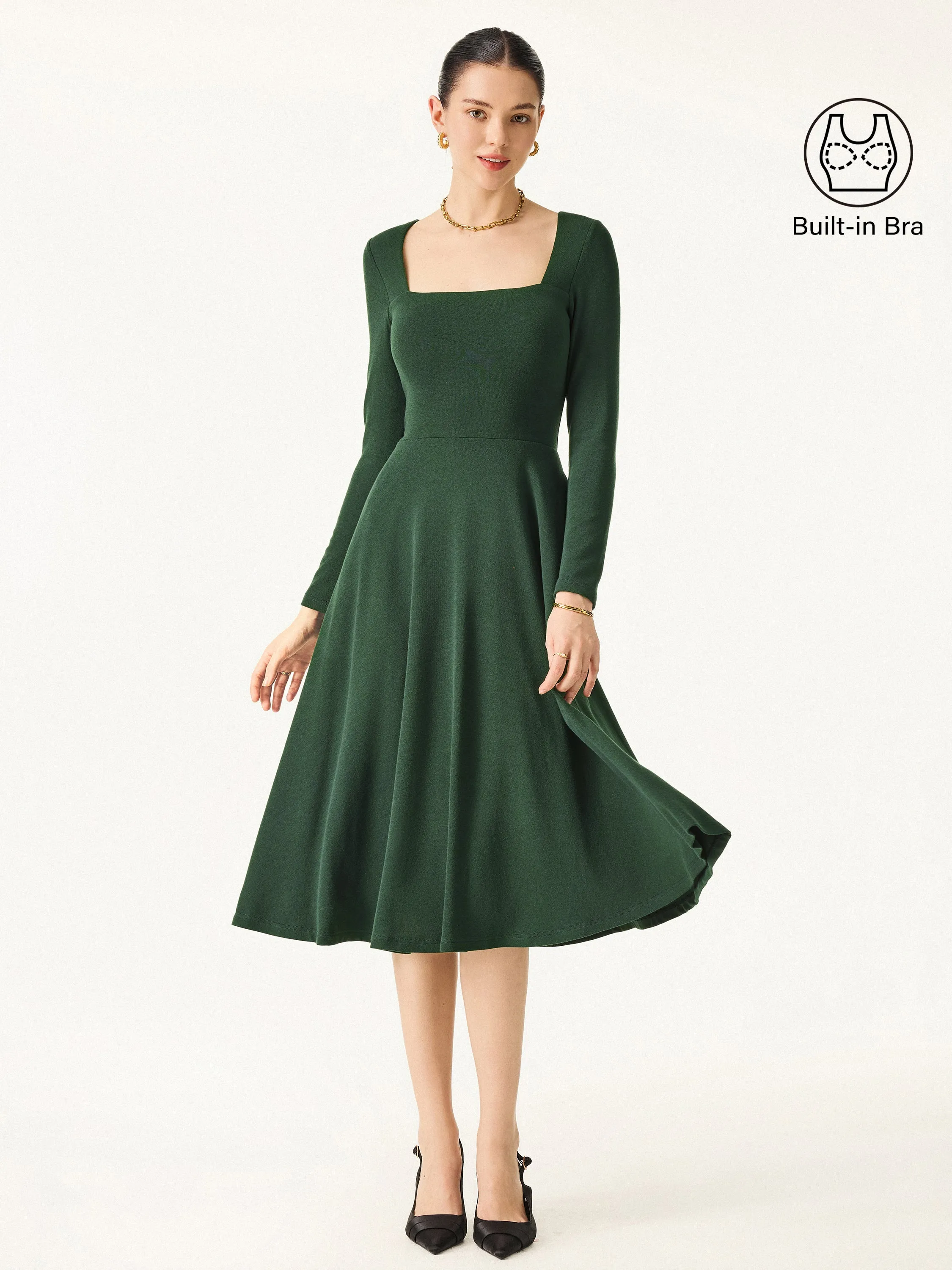 Essential Square Neck Long Sleeve Fit-and-Flare Brami Midi Dress with Pockets Stretchable Neckline