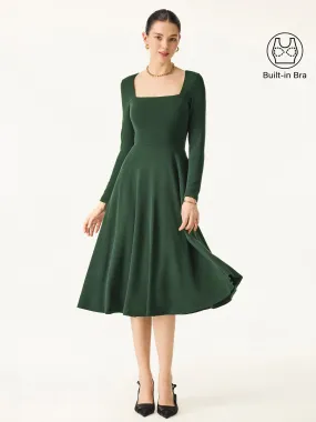 Essential Square Neck Long Sleeve Fit-and-Flare Brami Midi Dress with Pockets Modern Movement