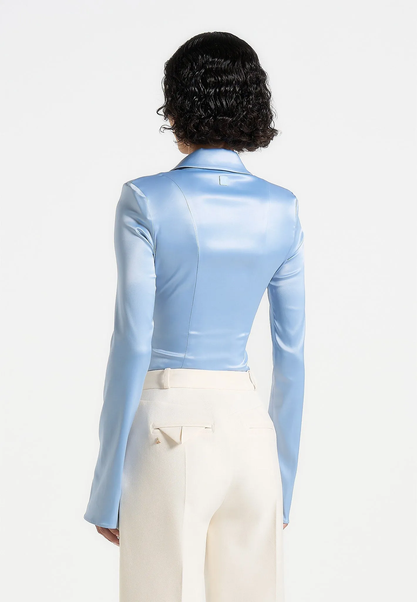 Simple Wear Chic and Soft Louise - Wide Shoulder Satin Shirt Bodysuit - Pale Blue