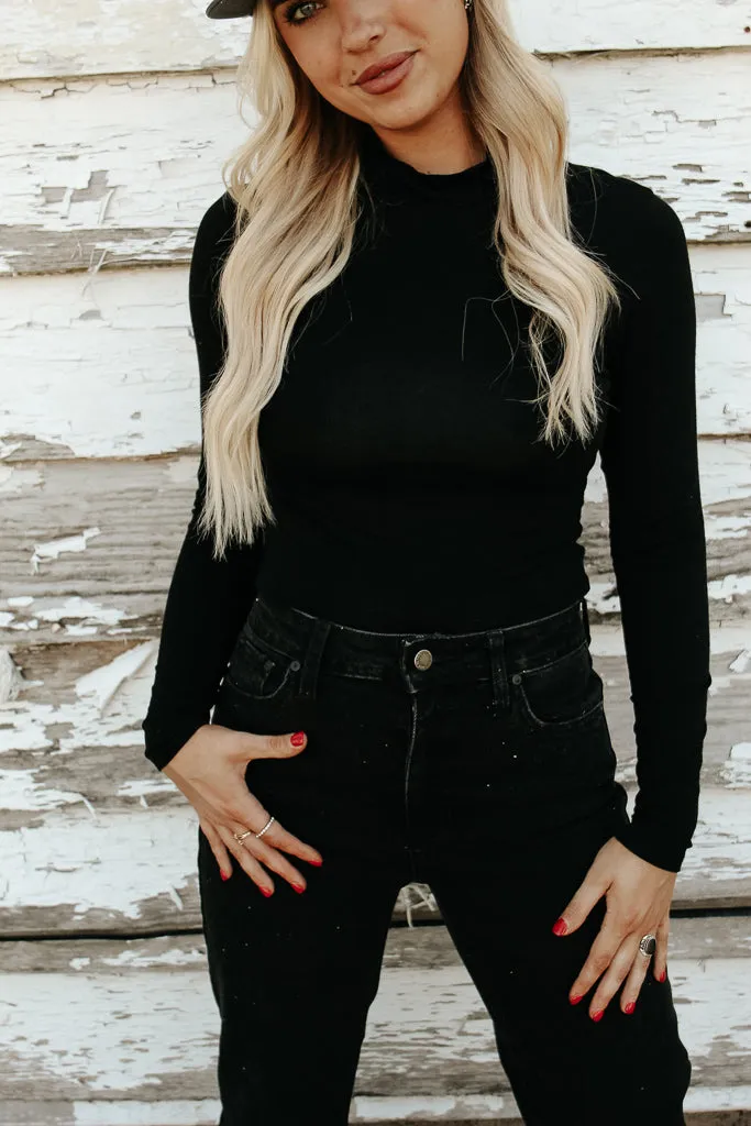 LayeredCollar YarnDye Technique Essential Turtleneck Long Sleeve Bodysuit - Black