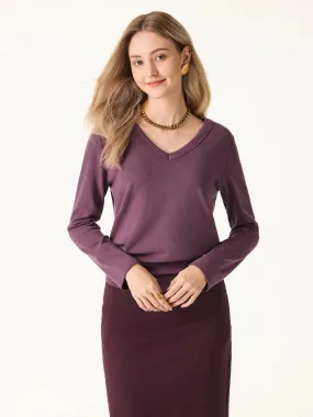 Warm Fabric NonRestrictiveCollar Essential V-neck Long Sleeve Top with Close-fit Hem