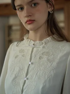 Unisex Option Removable-Straps Eve Trim Round Neck Hollow Rose Embroidered Lace Dress