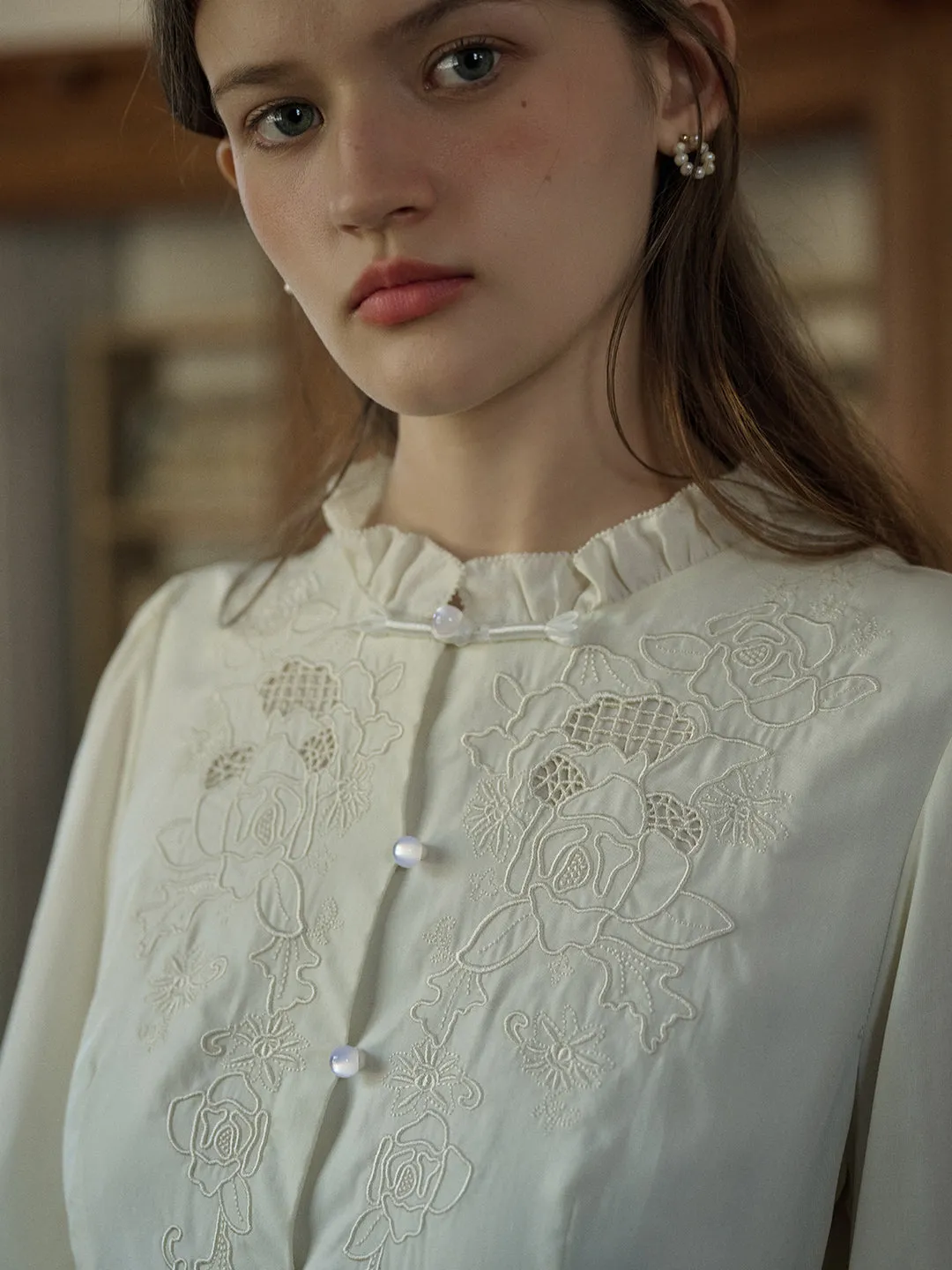 Eve Trim Round Neck Hollow Rose Embroidered Lace Dress Workwear