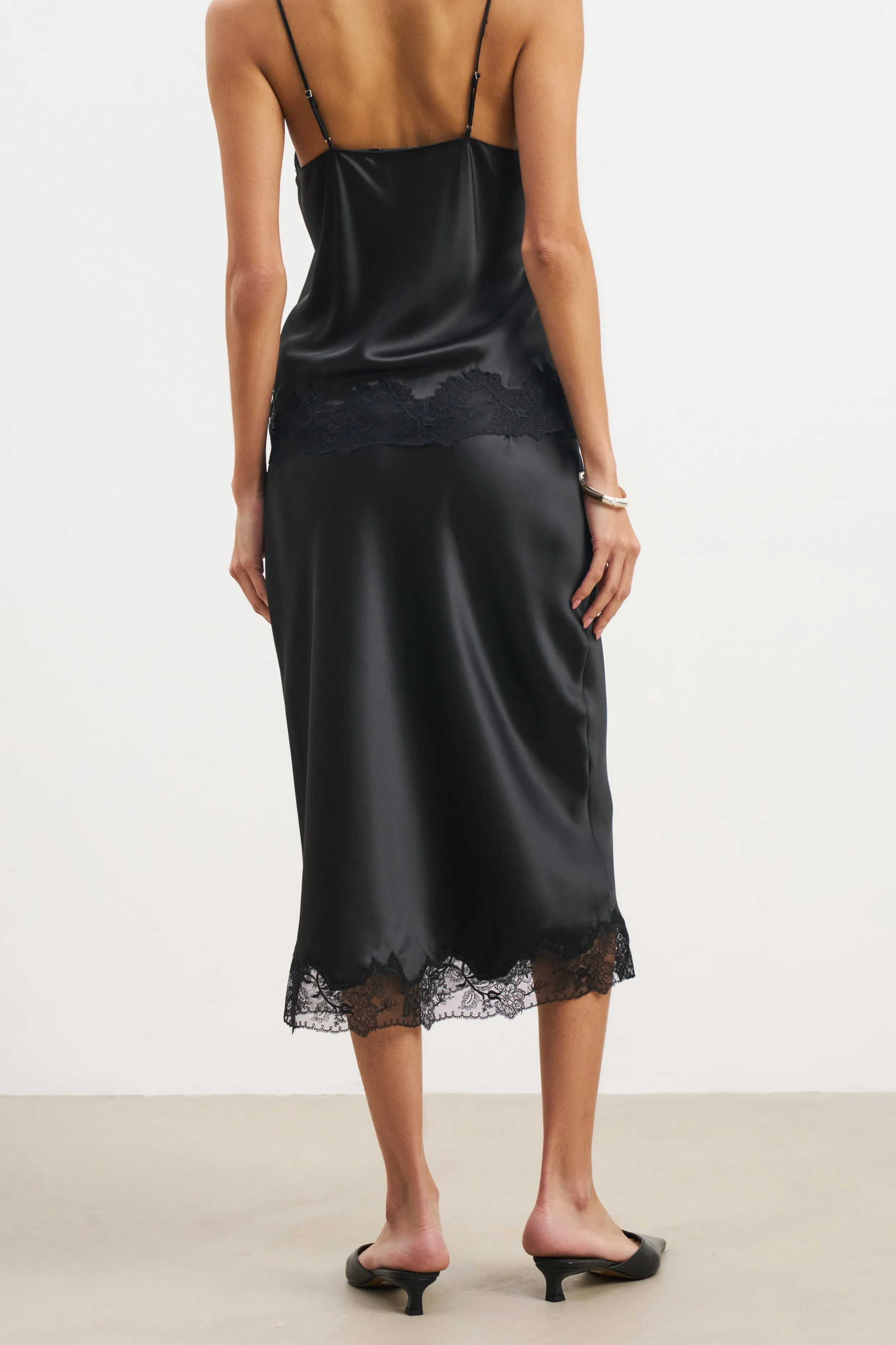 Satin Lace Detail Midi Skirt - Black Suede Feel Cultural Event