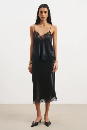 Satin Lace Detail Midi Skirt - Black Fringe Detail