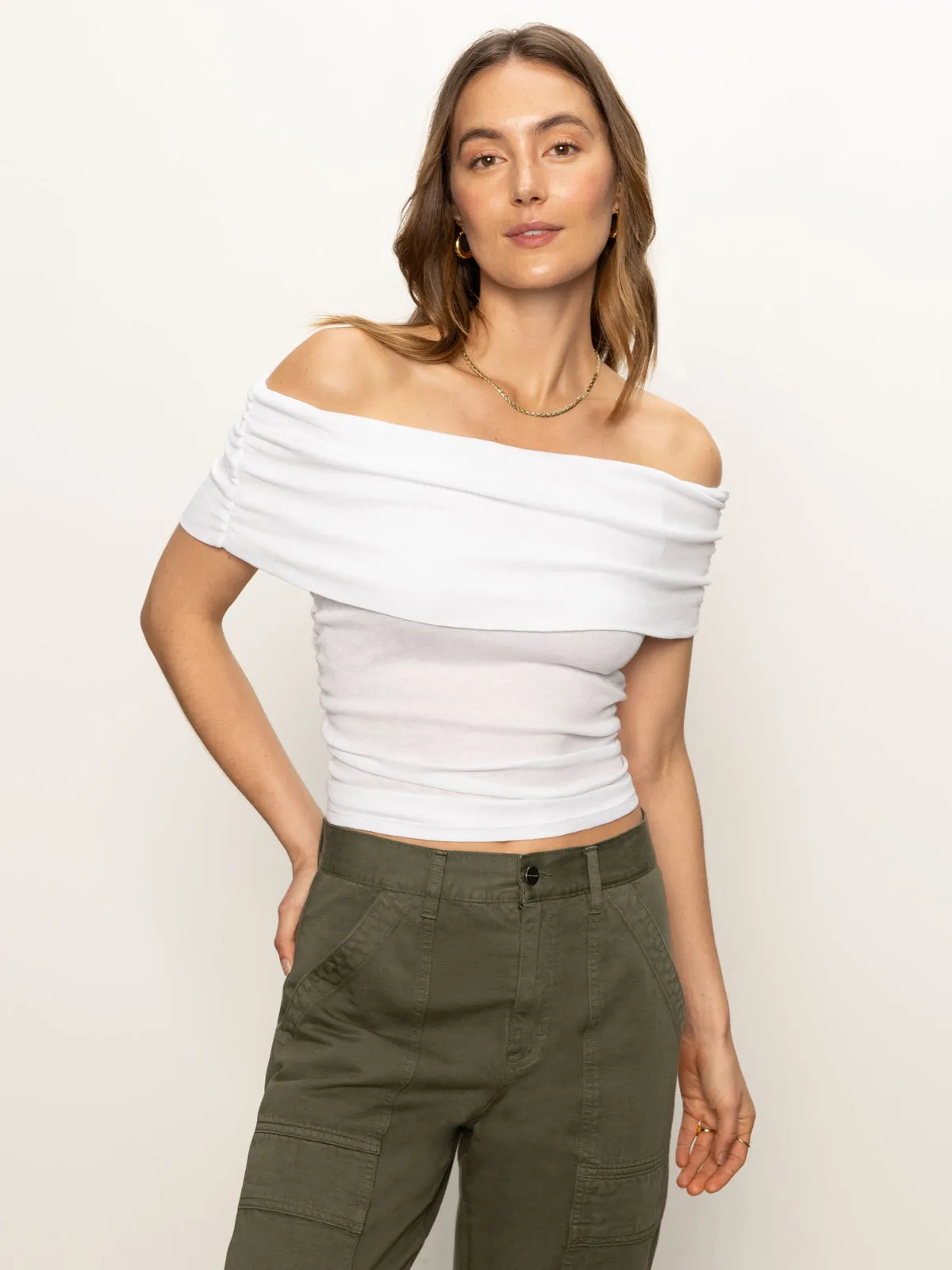 Swim Dress Off Shoulder Rib Tee White