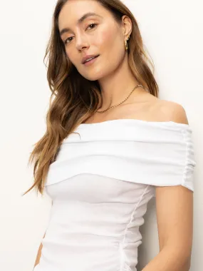 Timeless Comfort Layered Neckline Off Shoulder Rib Tee White