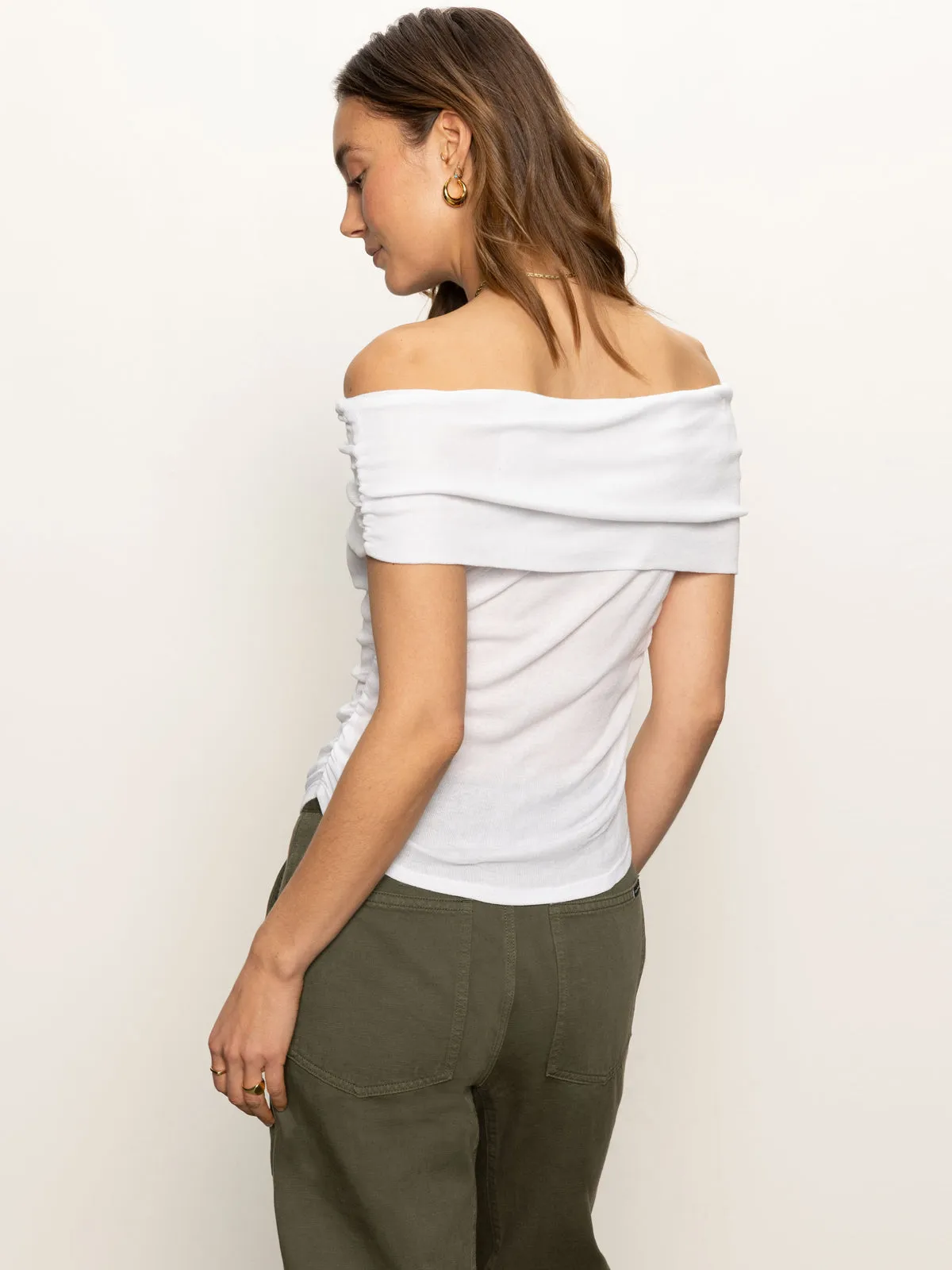 Off Shoulder Rib Tee White Stretch Knit Material Reinforced Shoulder Panels
