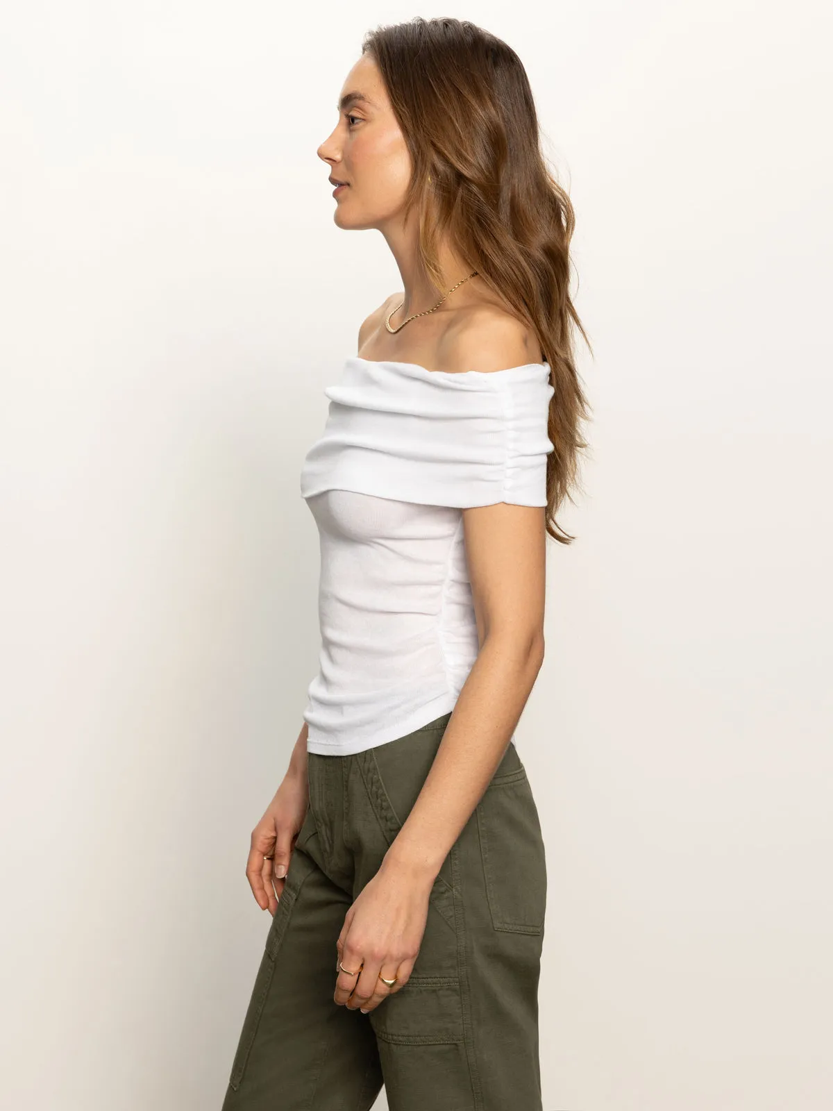Top Rated Off Shoulder Rib Tee White