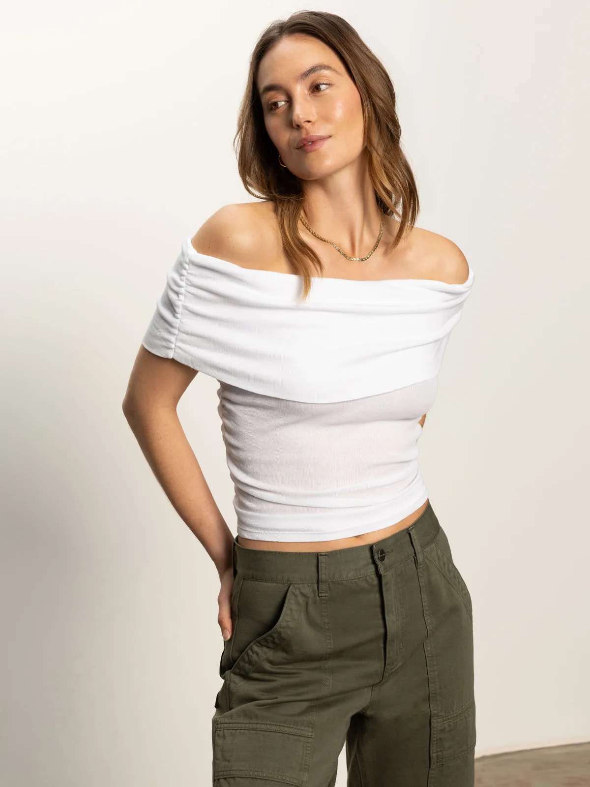 Off Shoulder Rib Tee White Pool Ready Athletic Build