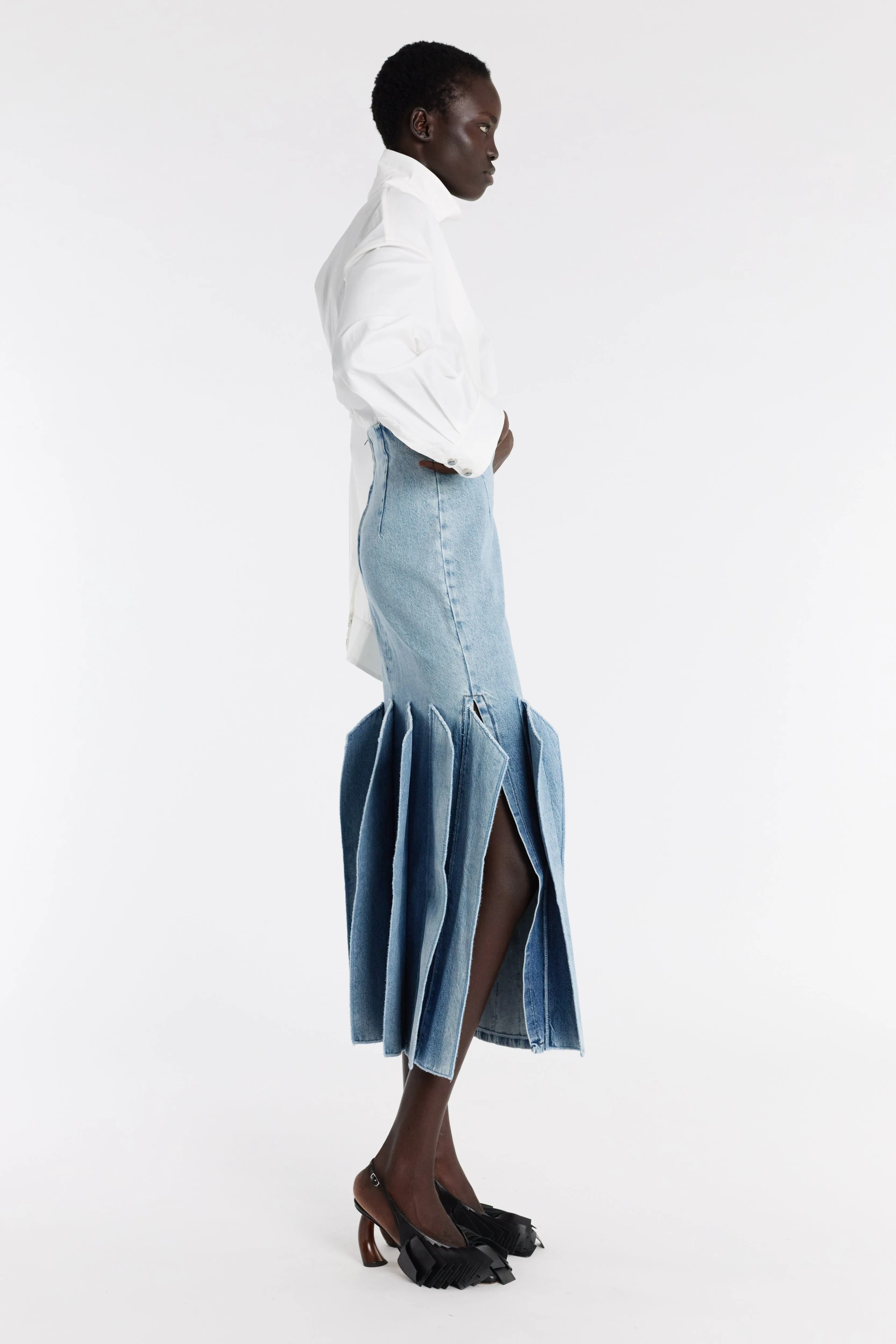 Artisanal Craft Denim Skirt With Panel Detail Mid Blue