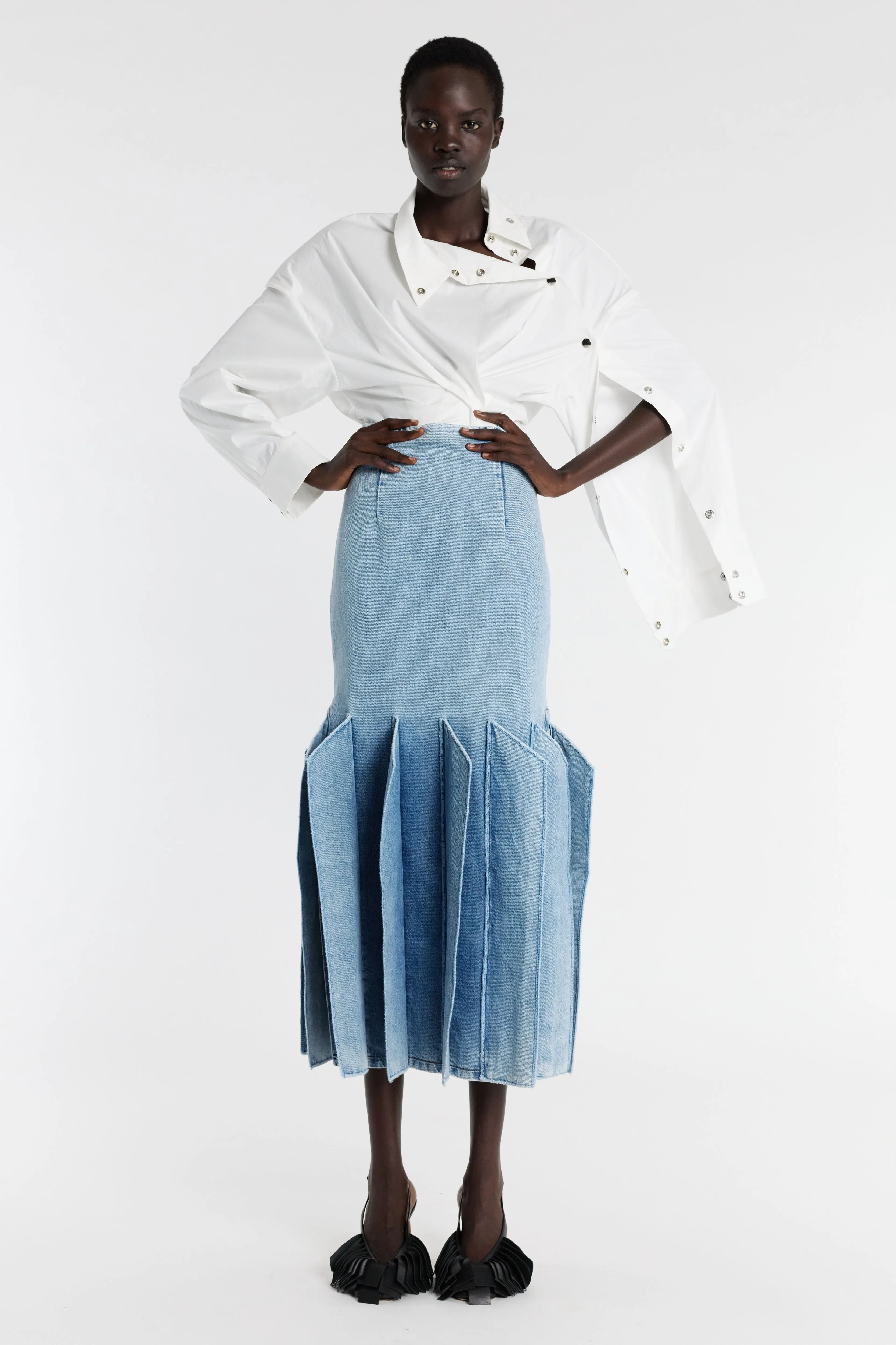Luxury Finish Denim Skirt With Panel Detail Mid Blue