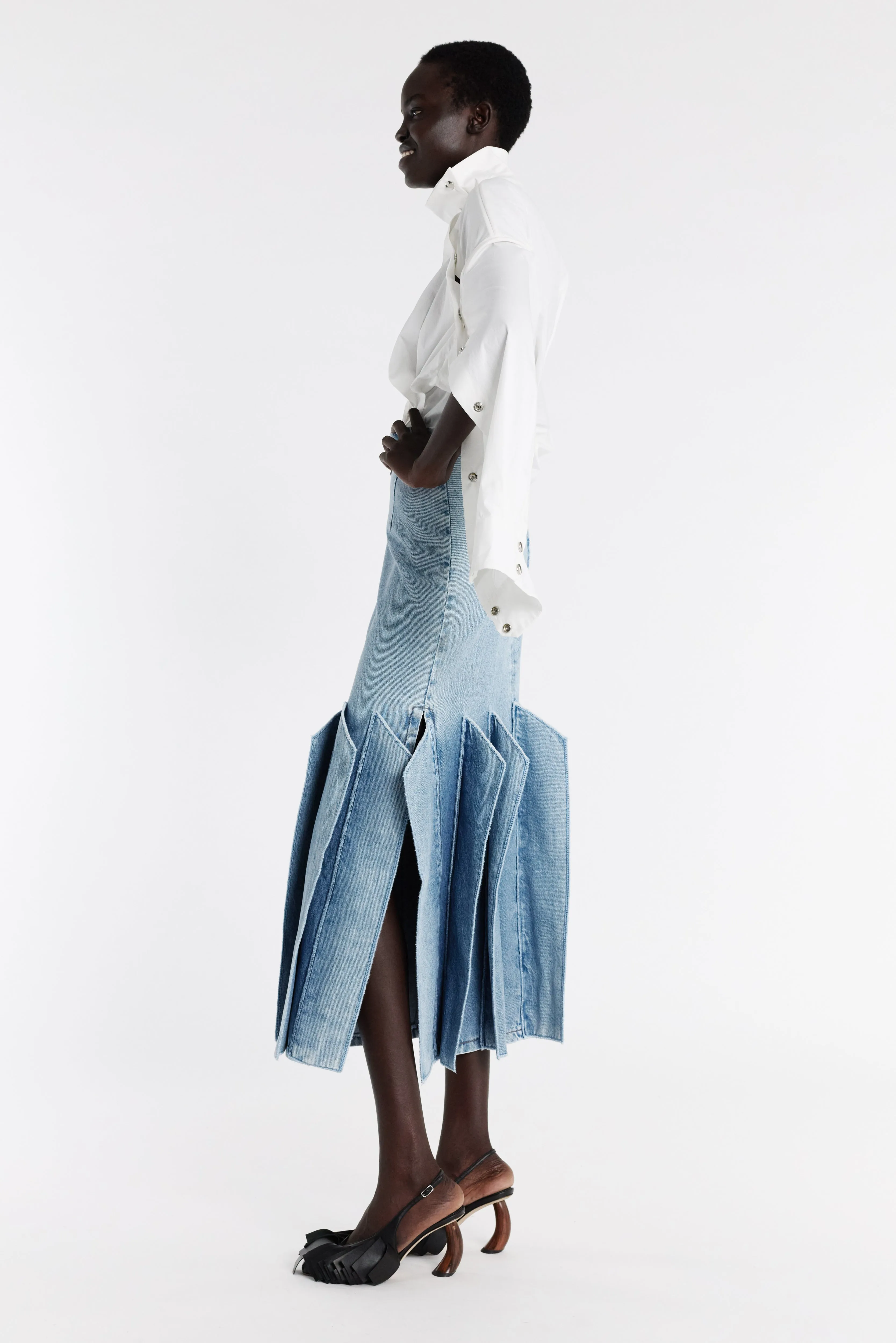 Denim Skirt With Panel Detail Mid Blue Colorfast Denim Street Appeal