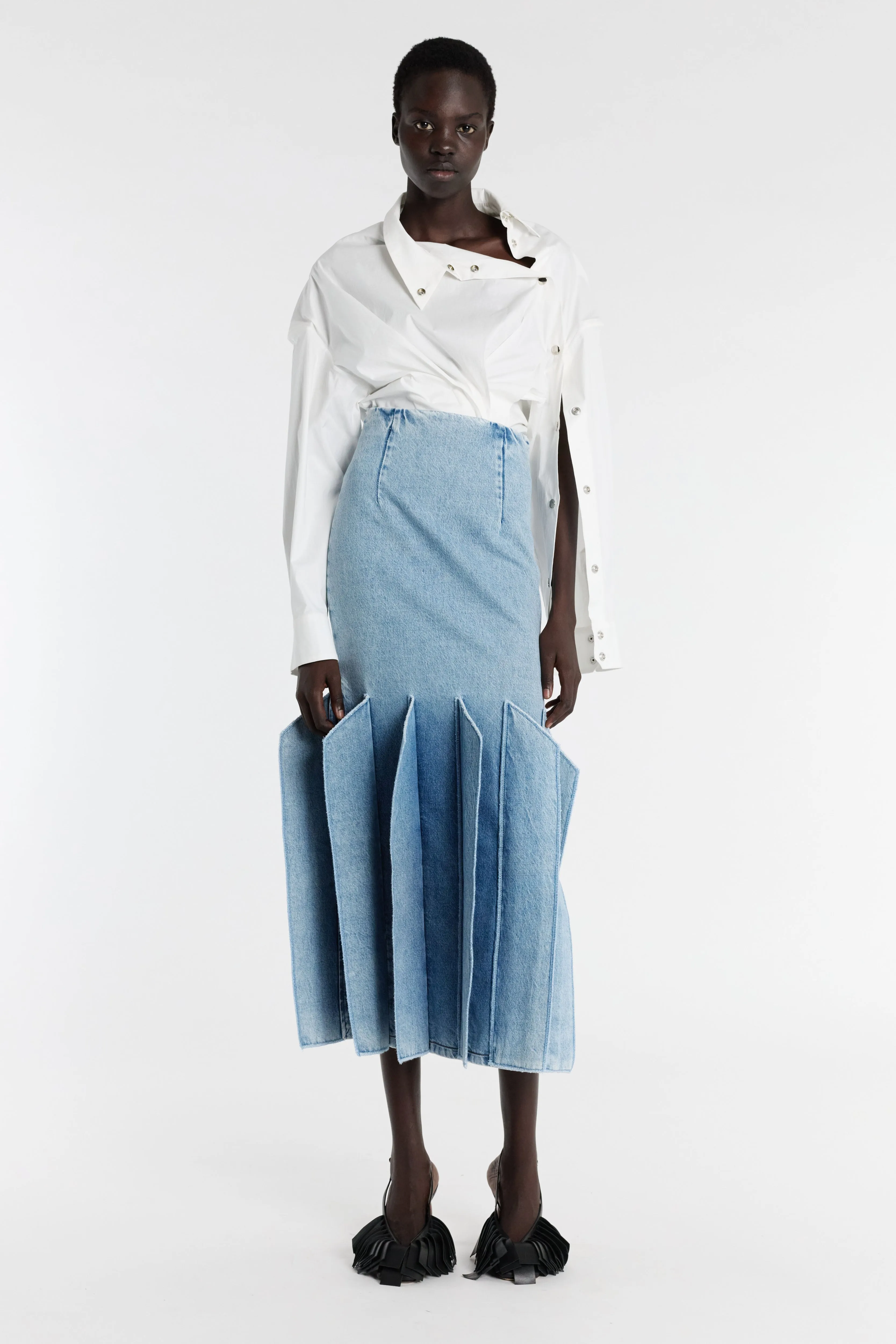 High Waist Gentle Comfort Denim Skirt With Panel Detail Mid Blue