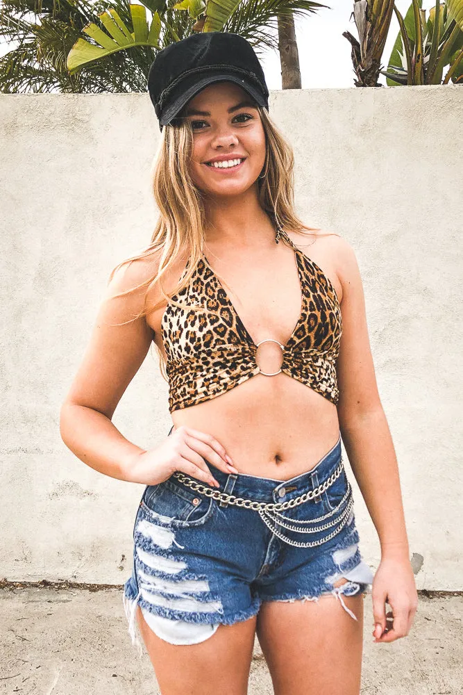 Leopard O-Ring Halter Top Comfortable Wear Ribbed collar