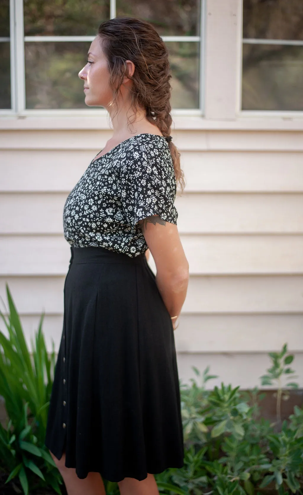 Dolman Top in Black & White Floral Crepe Recycled Material Composition Winter Knit Layer