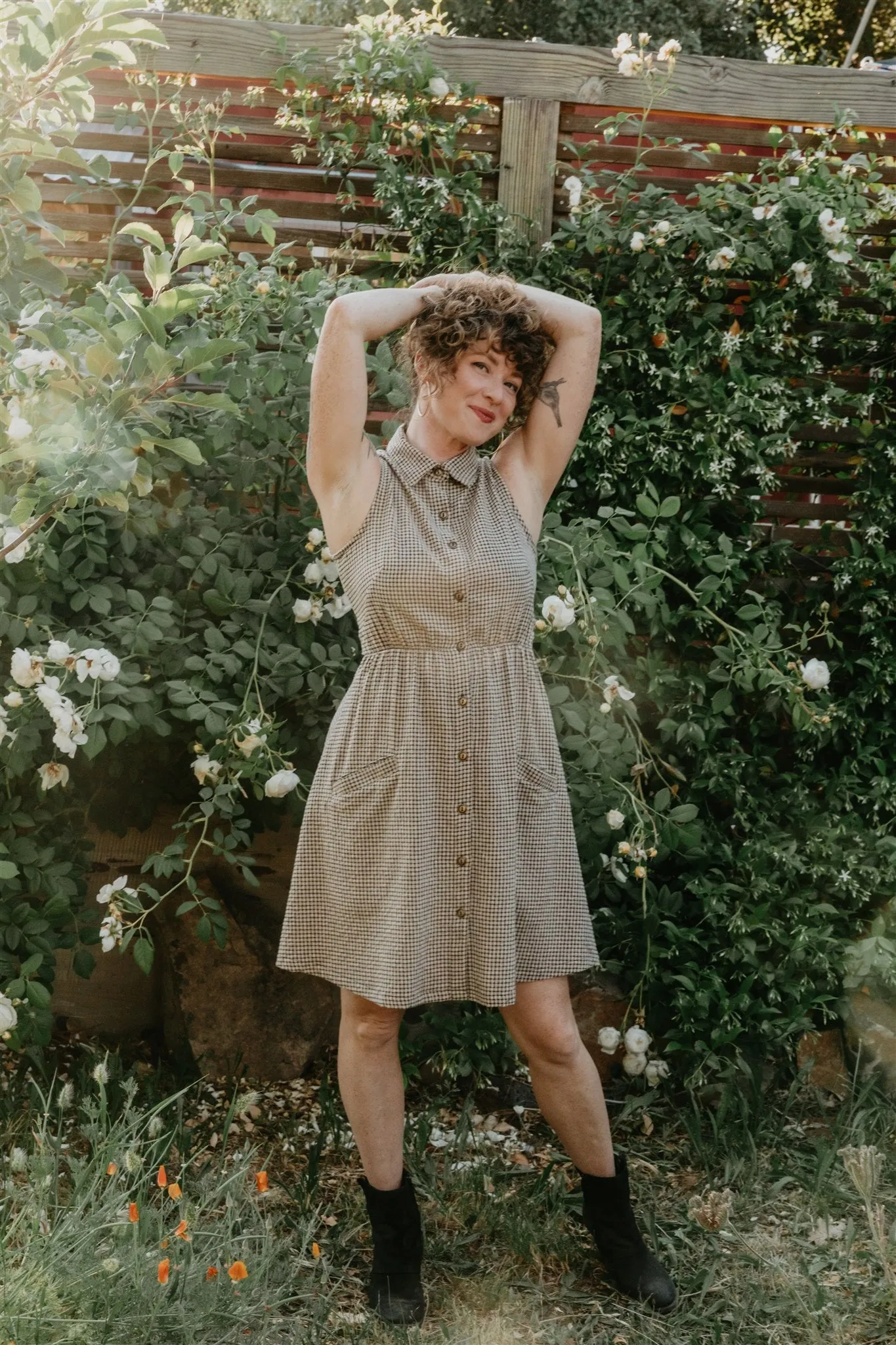 Mona Dress in Black & Oat Cotton Gingham Global Style Office Smart