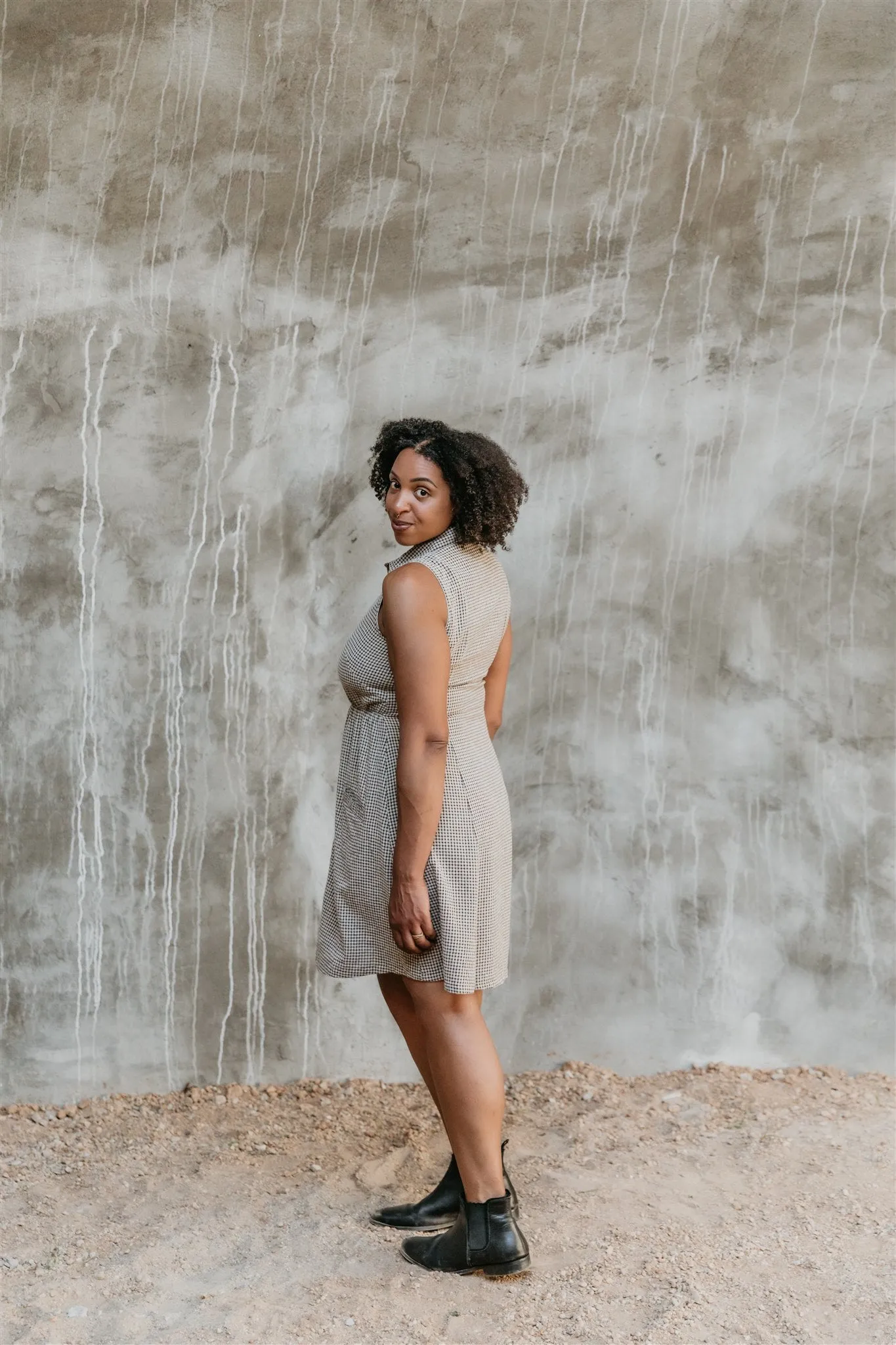 Crisp Detail Anti-bacterial Mona Dress in Black & Oat Cotton Gingham