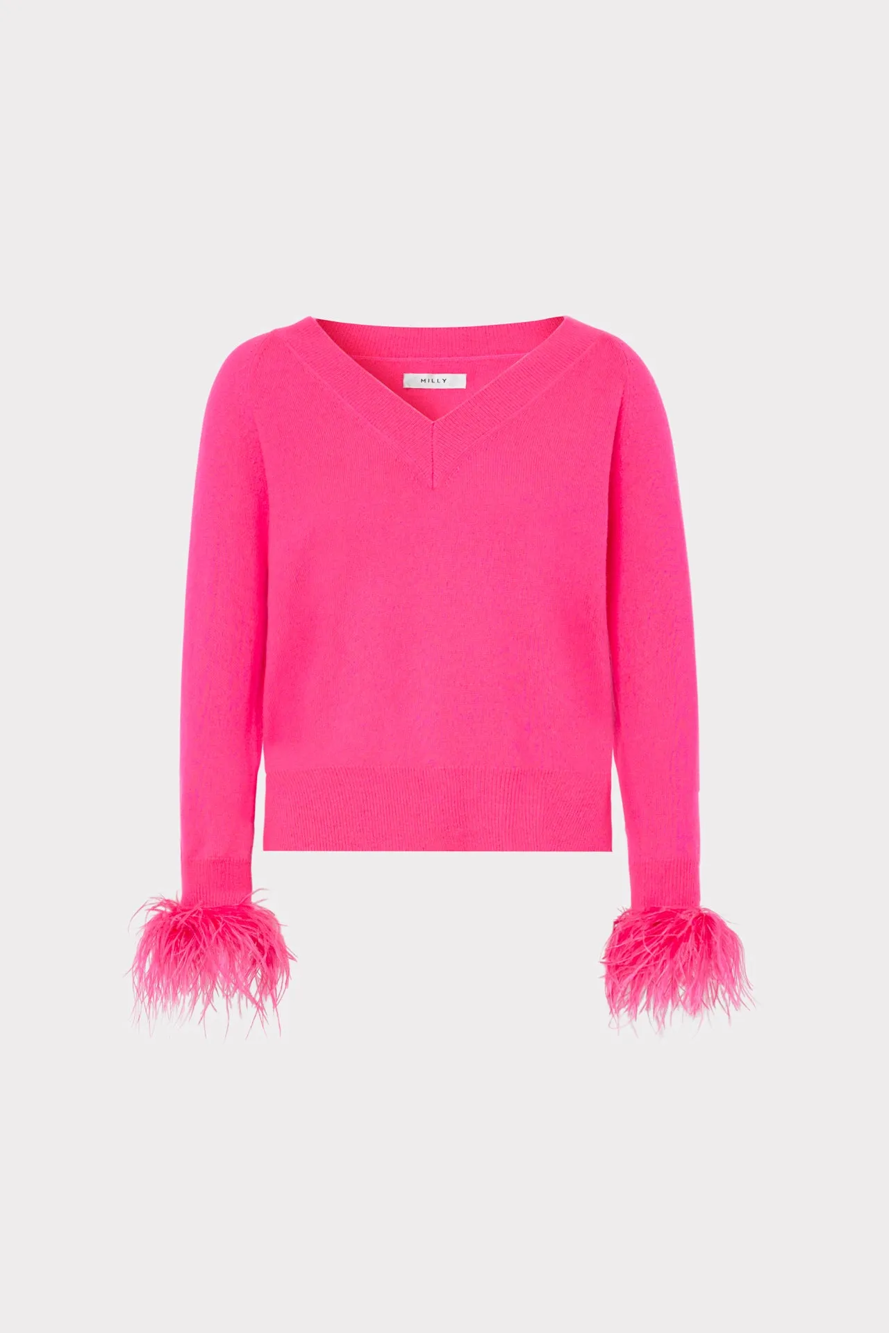 Feather Cuff V-neck Sweater StretchMaterial Office Attire