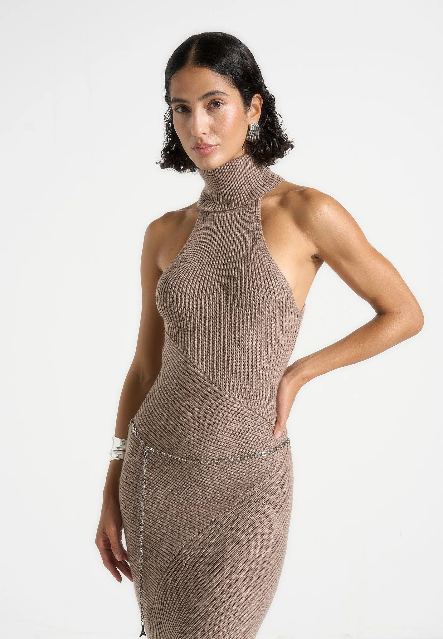 Luxe Appeal Belina - Halter Neck Knitted Maxi Dress With Chain - Taupe