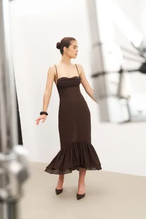 Chiffon Ruffle Ruched Bust Midi Dress - Carob Lounge Moment Relaxed fit wear