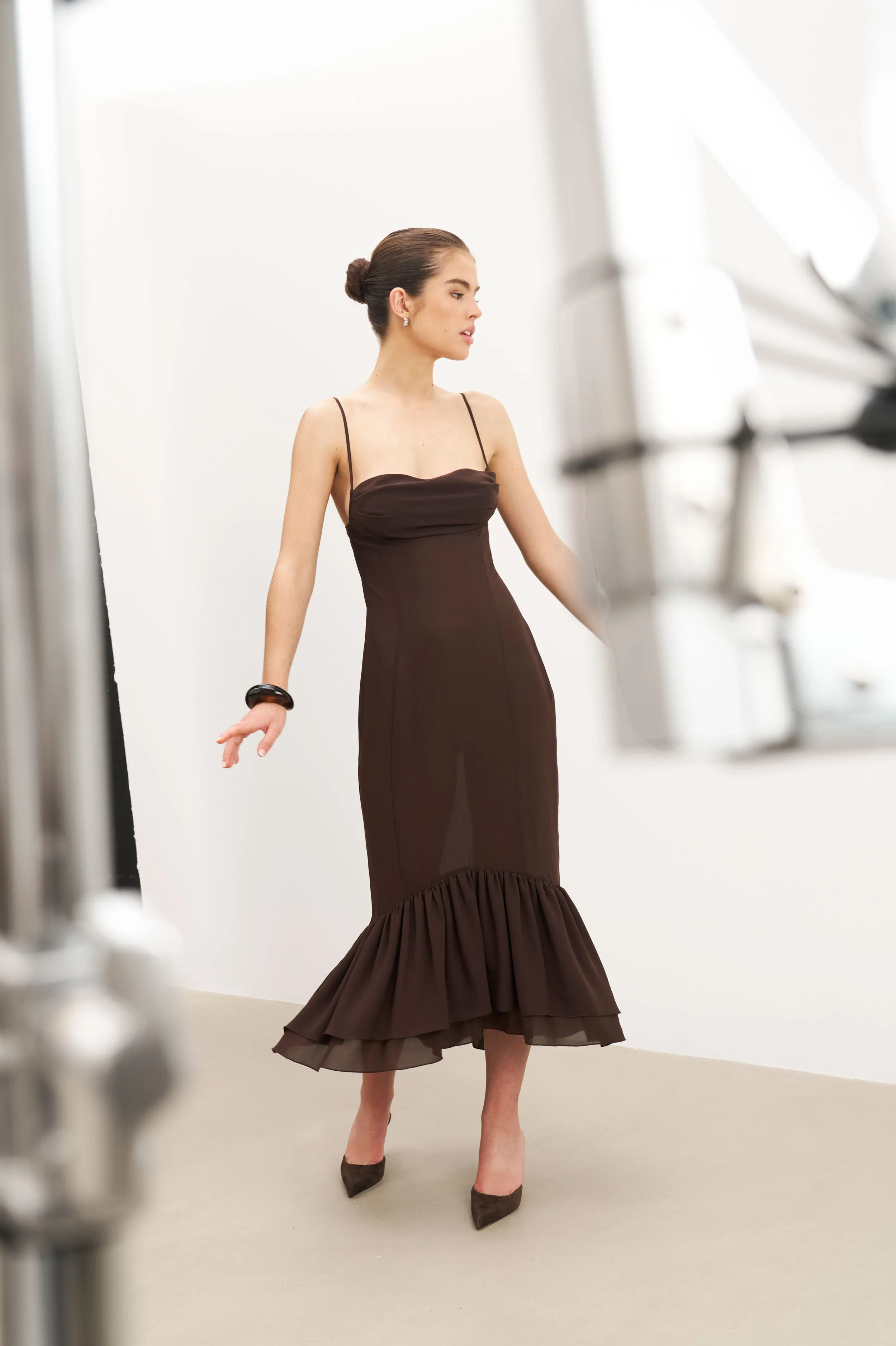 Chiffon Ruffle Ruched Bust Midi Dress - Carob Lounge Moment Relaxed fit wear