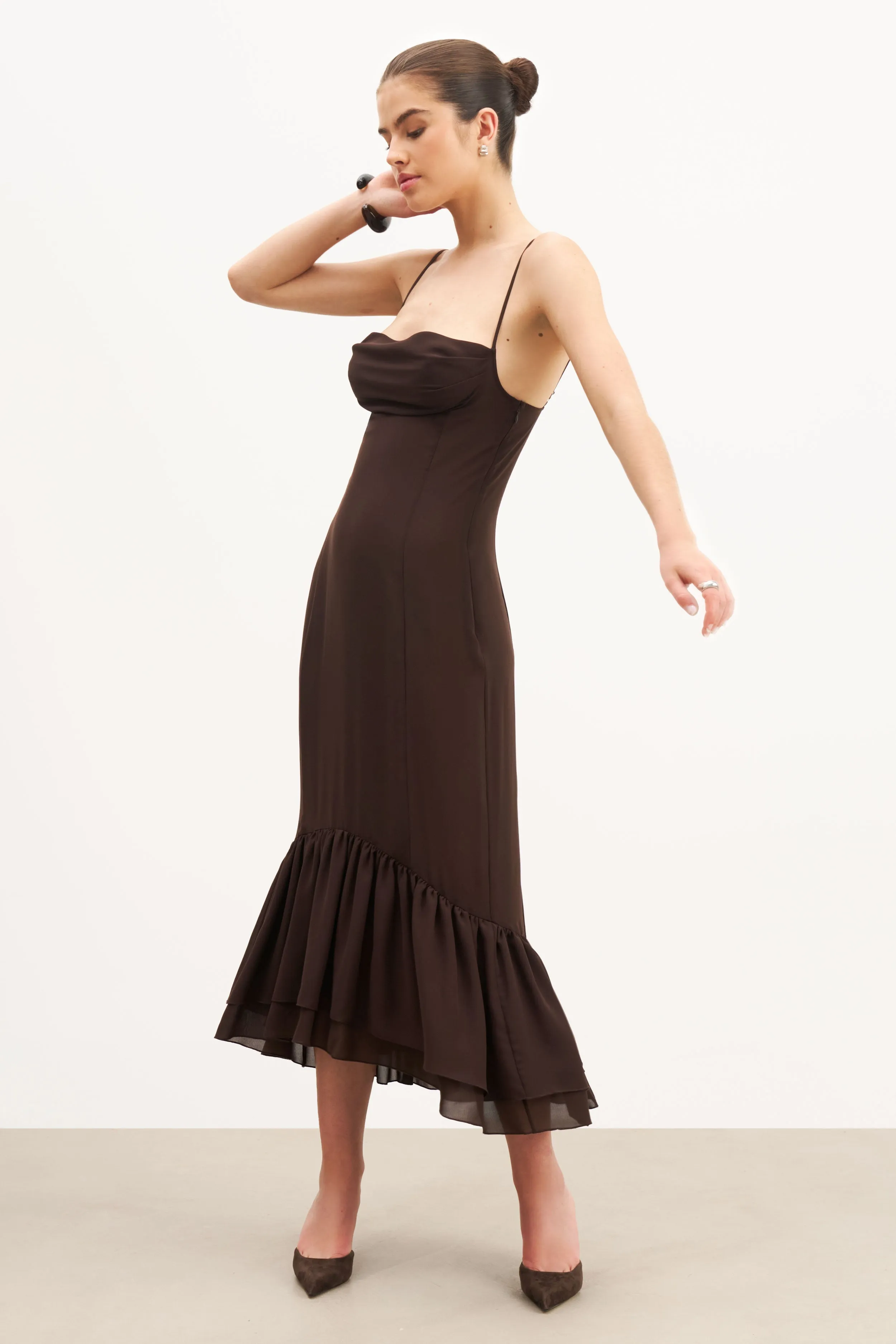 Chiffon Ruffle Ruched Bust Midi Dress - Carob Formal Occasion