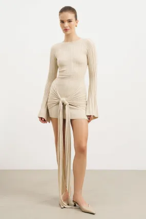 Breathable fabric Fine Knit Gathered Longsleeve Mini Dress - Champagne Shimmer