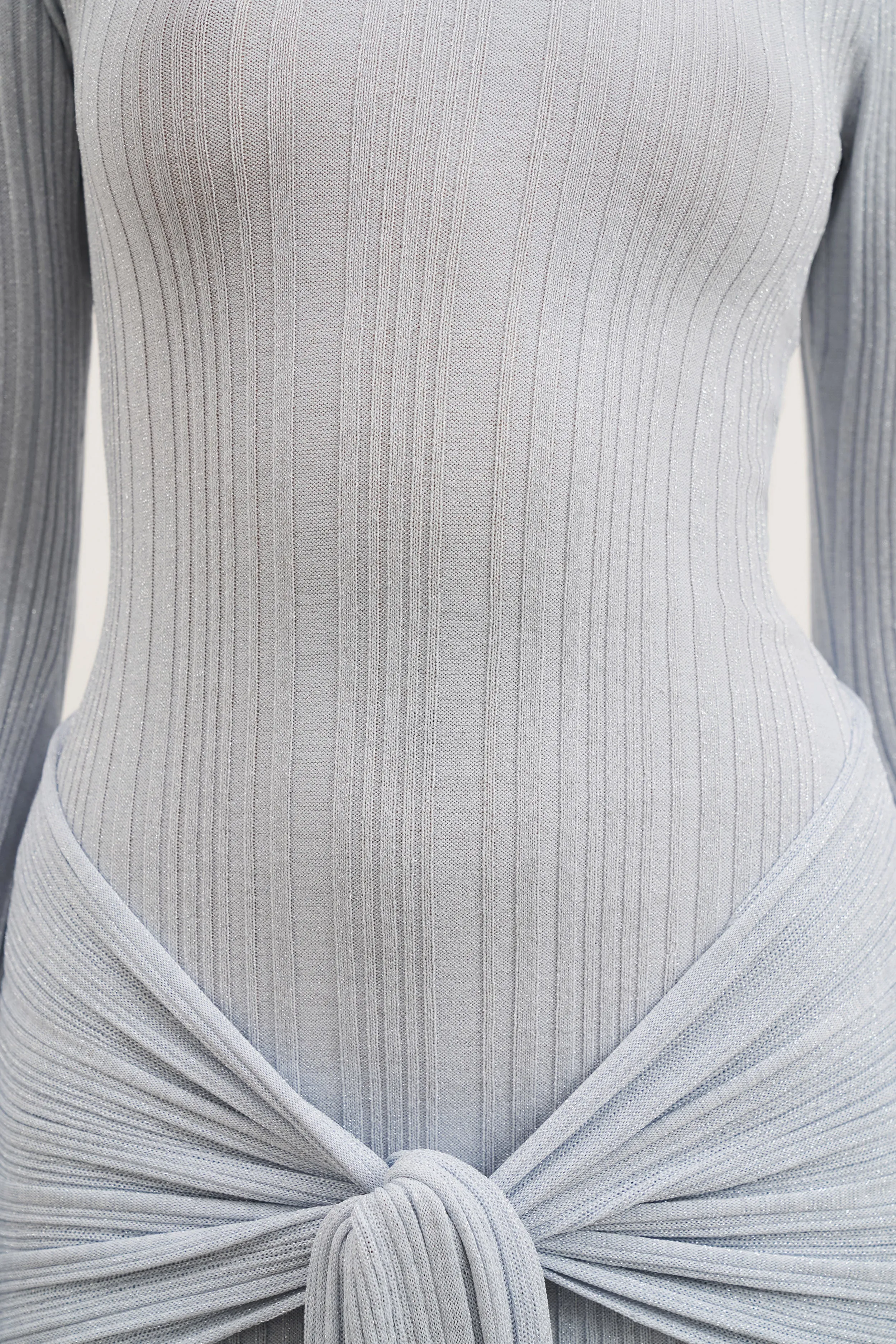 Fine Knit Gathered Longsleeve Mini Dress - Powder Blue Shimmer Elegant Everyday